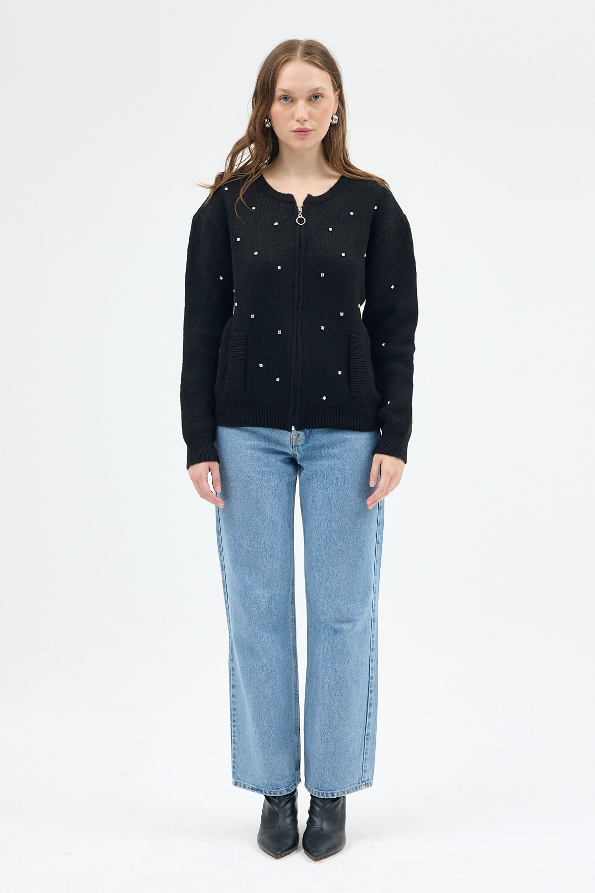 Siyah Kadın Fermuarlı Taş Detaylı Triko Hırka 6405 - 2