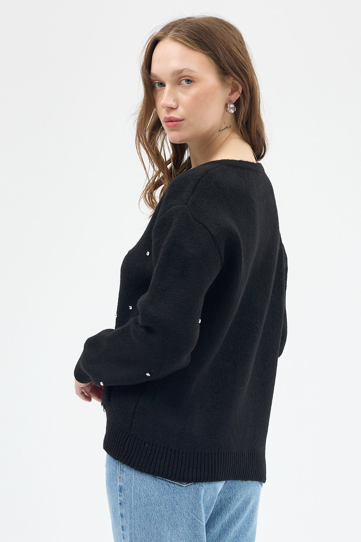 Siyah Kadın Fermuarlı Taş Detaylı Triko Hırka 6405 - 5