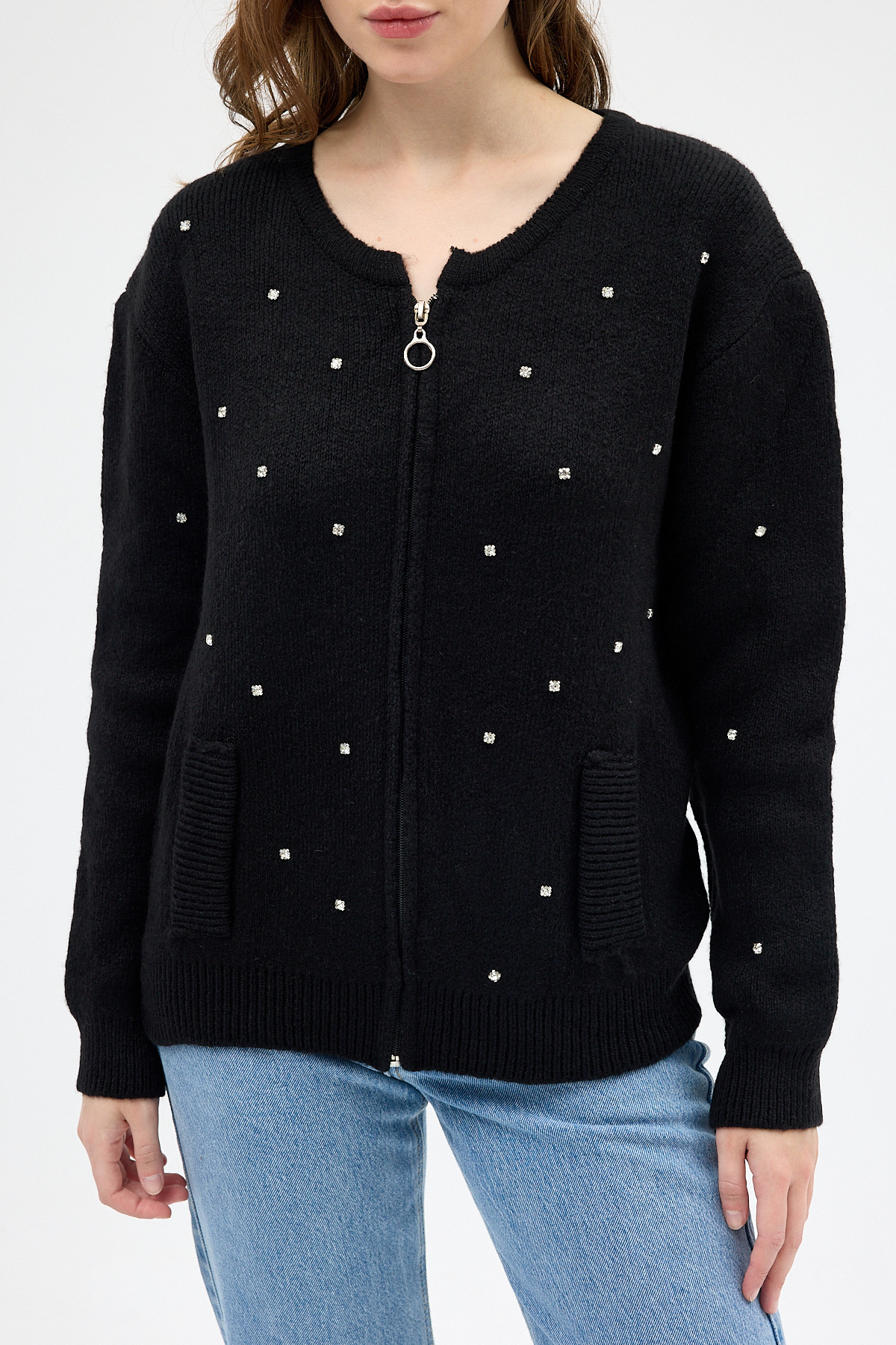 Siyah Kadın Fermuarlı Taş Detaylı Triko Hırka 6405 - 6