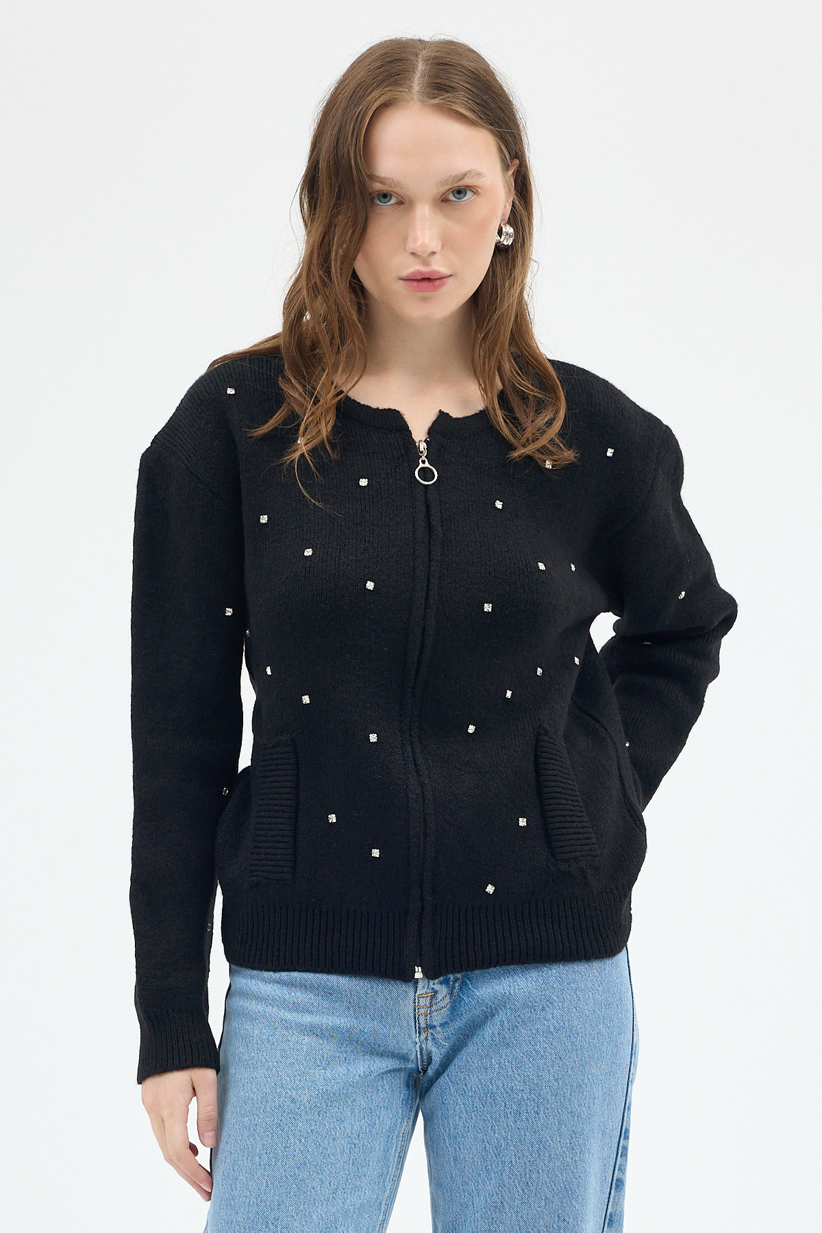 Siyah Kadın Fermuarlı Taş Detaylı Triko Hırka 6405 - 7