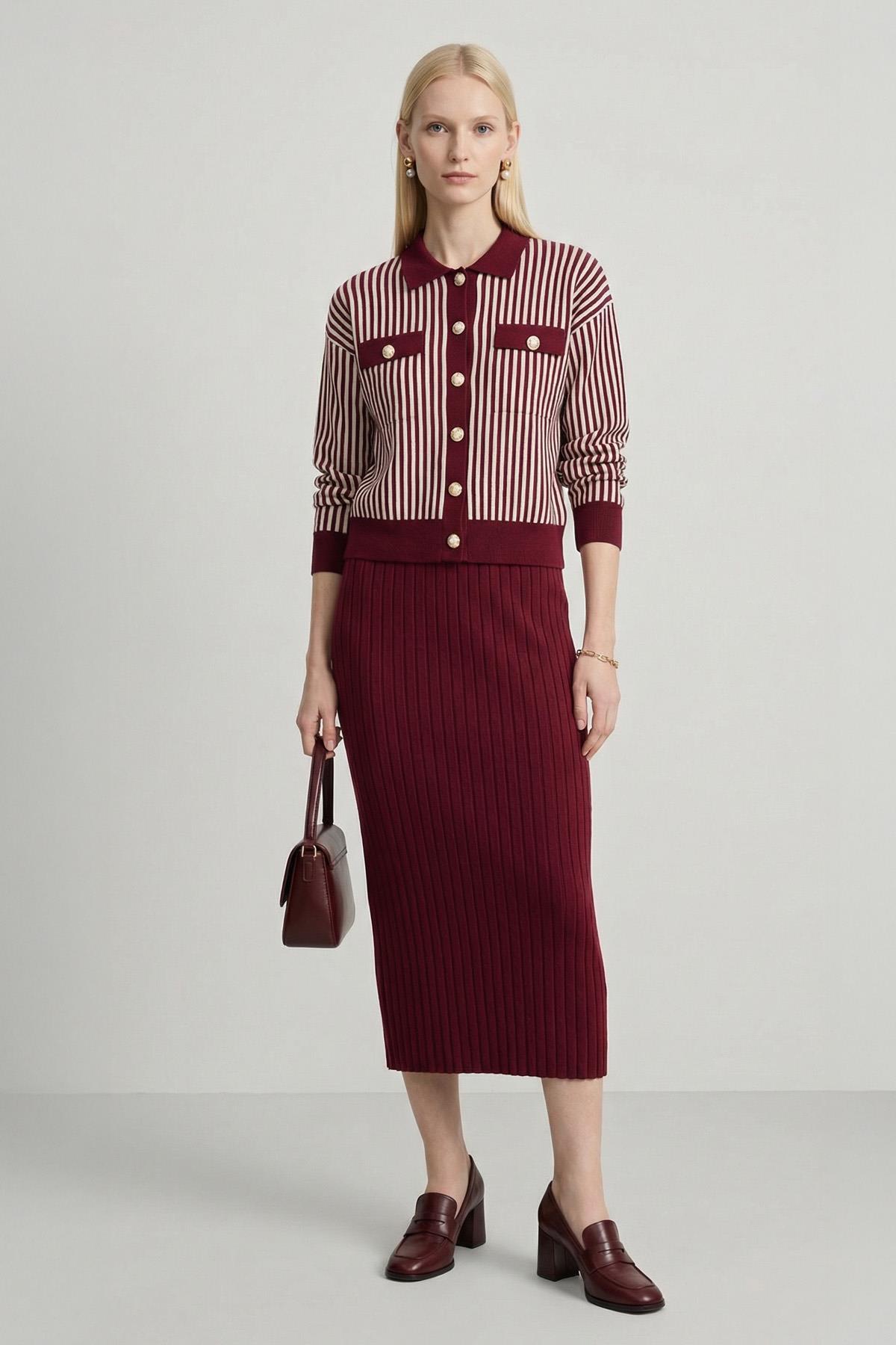 Çizgili Düğmeli Etek Takım 6425 Bordo - 1