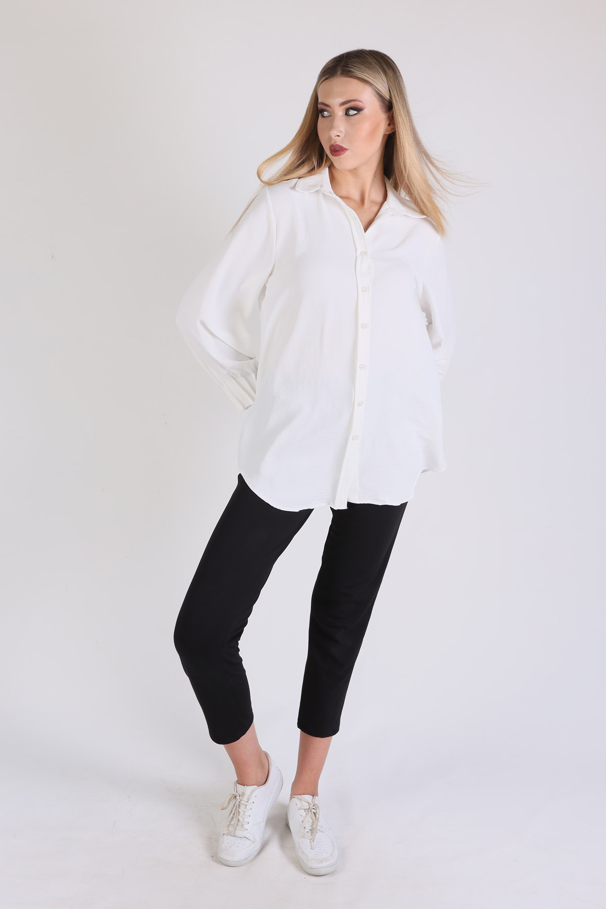 6454A Kol Drape Detay Gömlek Ekru - 2