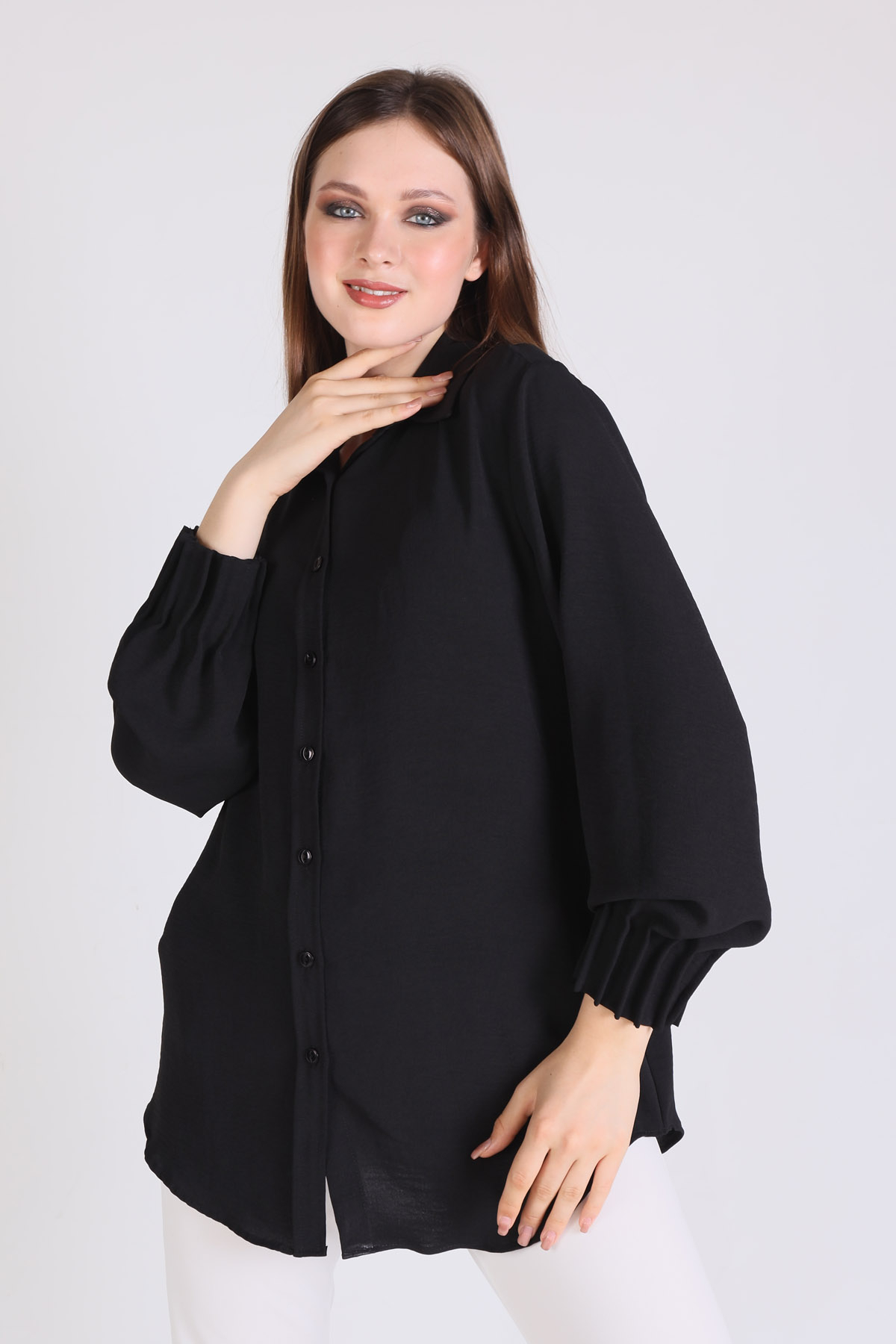 Siyah Kol Drape Detay Gömlek 6454A 