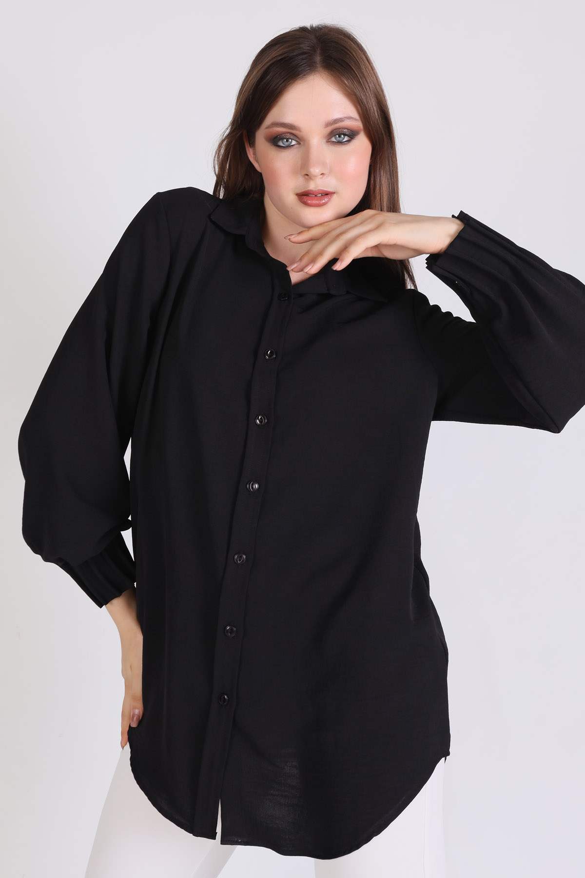 Siyah Kol Drape Detay Gömlek 6454A - 2