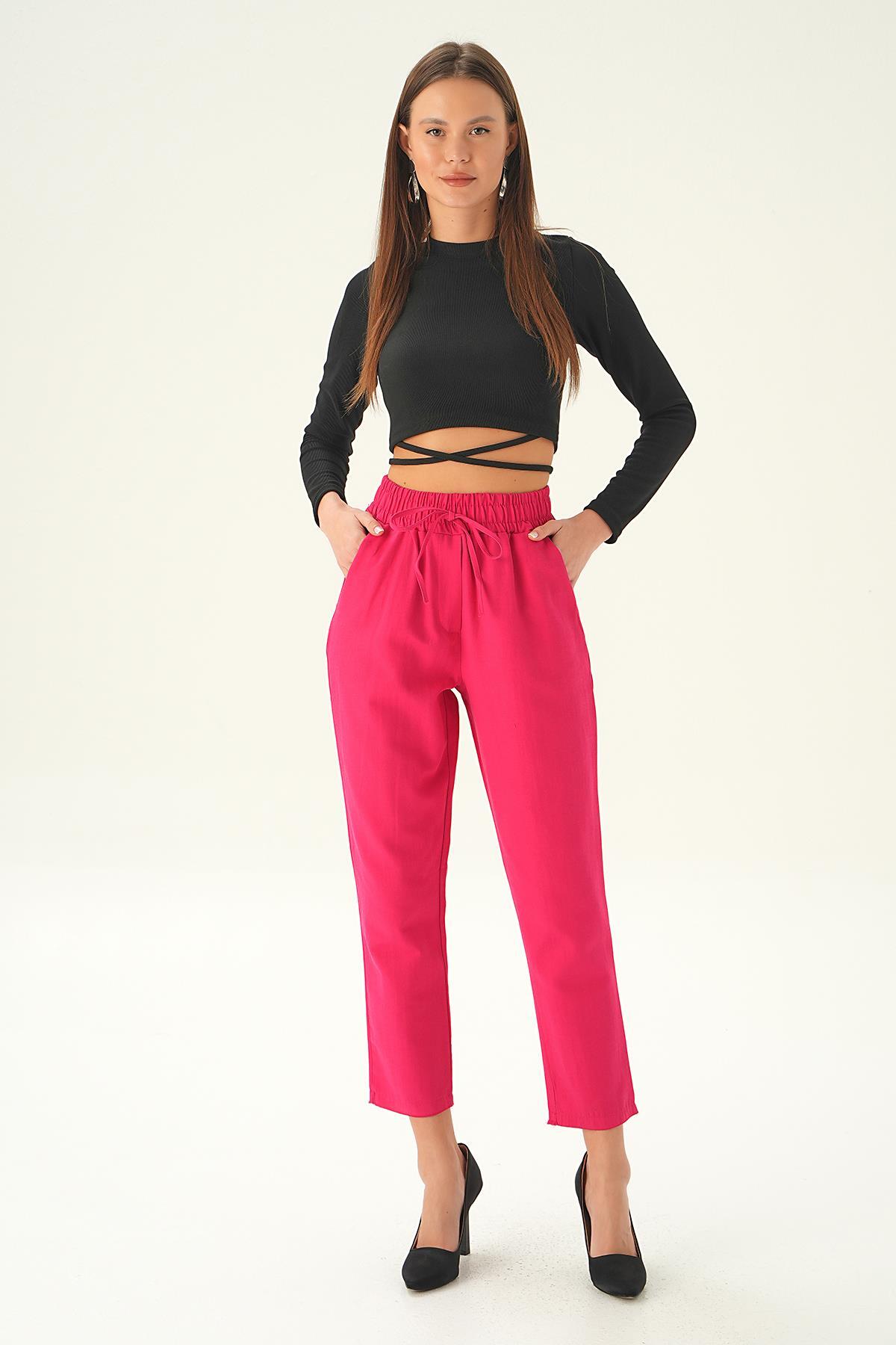 Fuşya Bel Bağcıklı Paça Püskül Pantolon 6521A 
