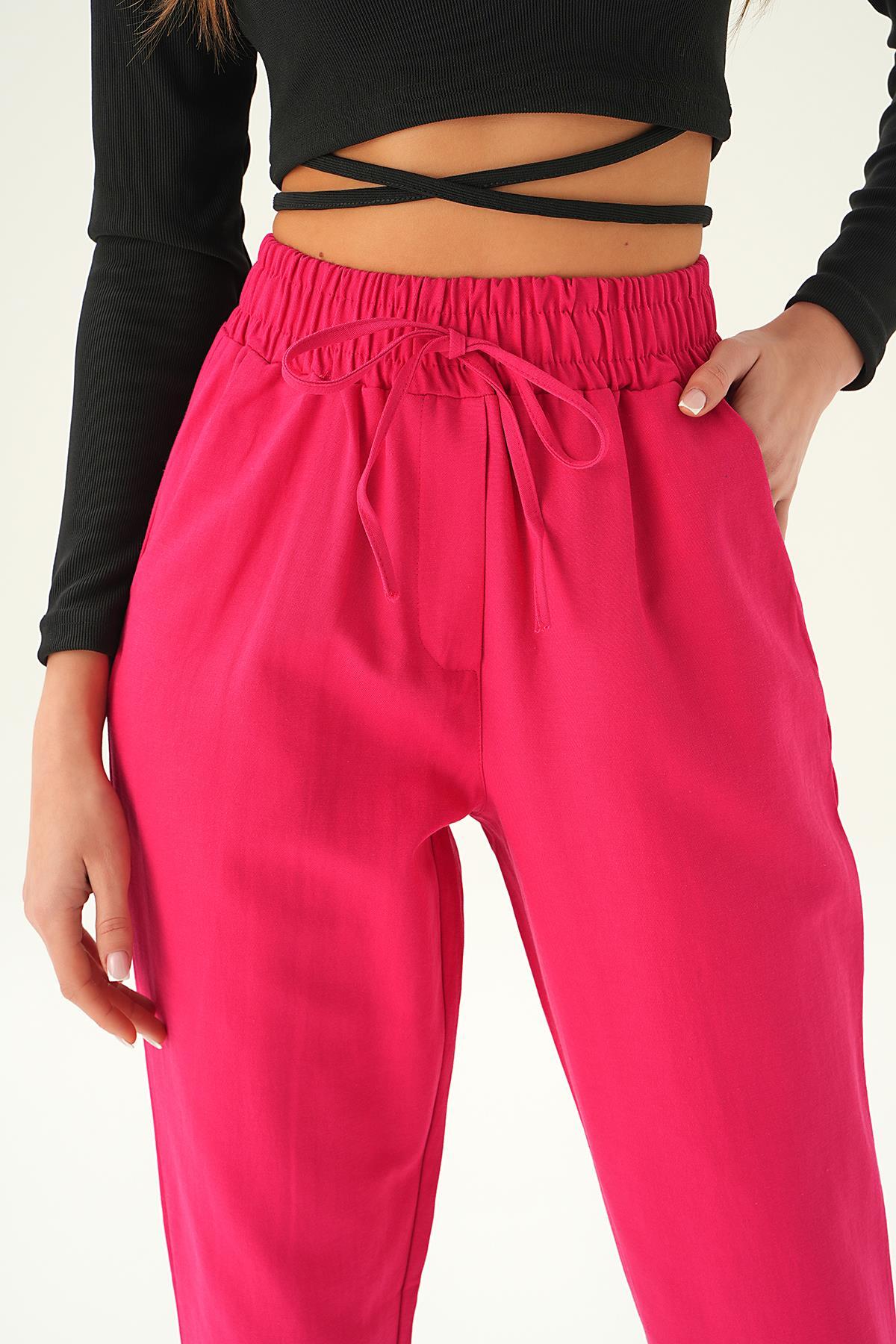 Fuşya Bel Bağcıklı Paça Püskül Pantolon 6521A - 5