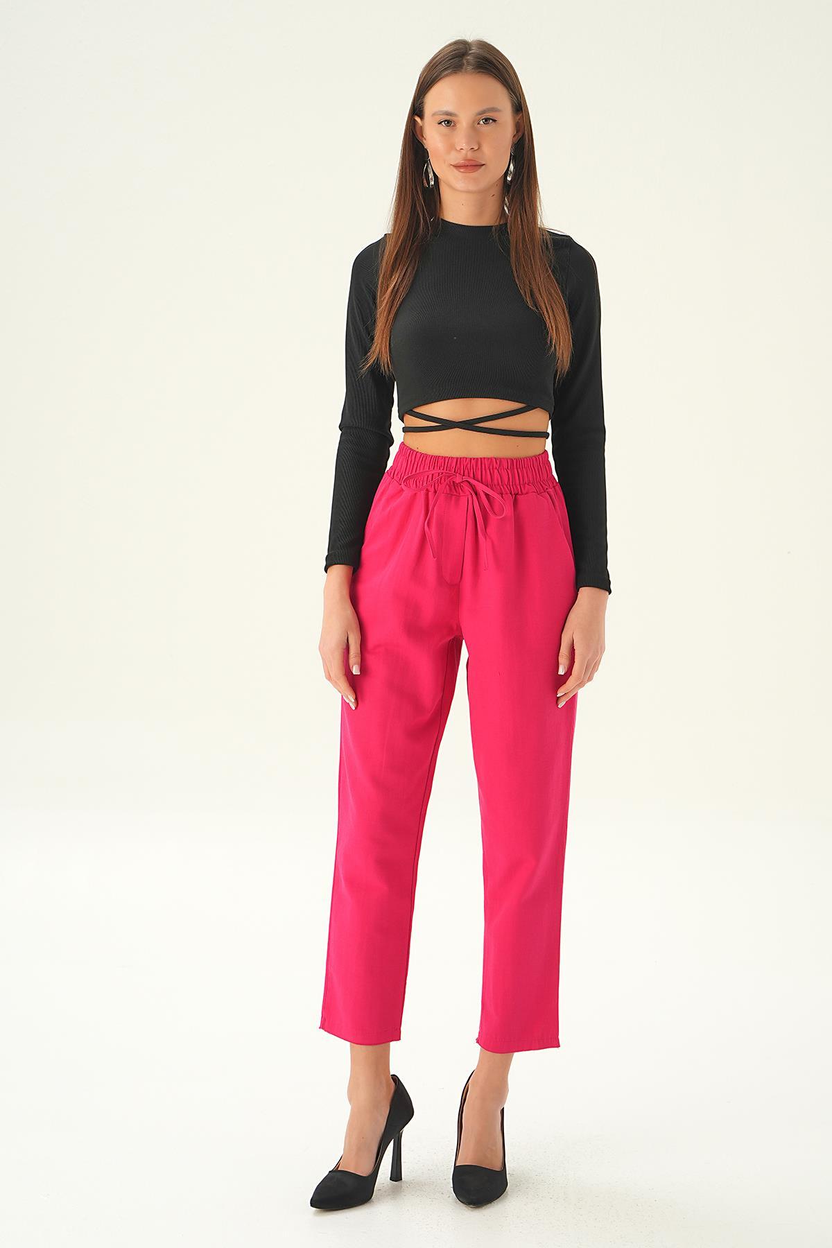Fuşya Bel Bağcıklı Paça Püskül Pantolon 6521A - 6