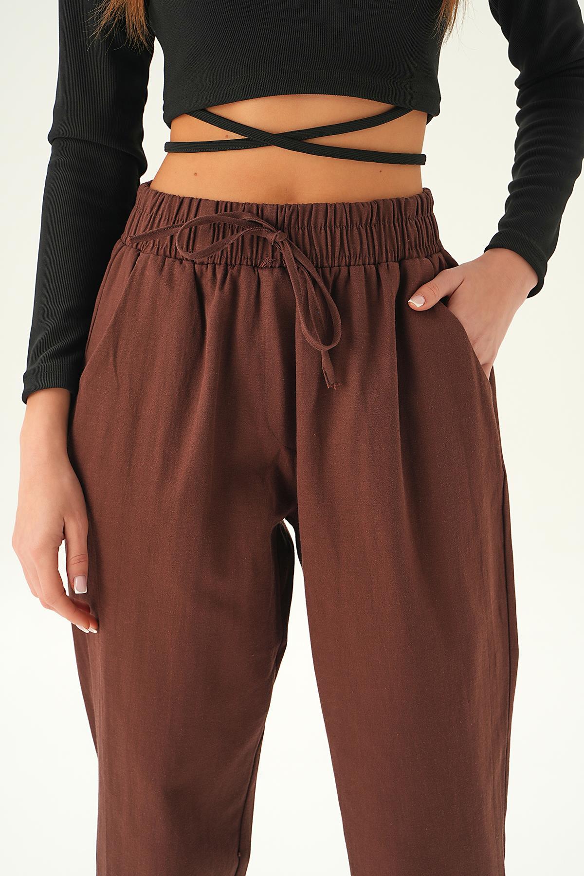 Kahve Bel Bağcıklı Paça Püskül Pantolon 6521A - 6