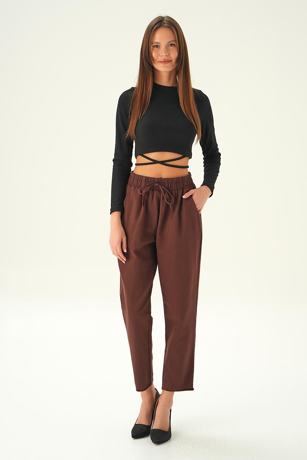 Kahve Bel Bağcıklı Paça Püskül Pantolon 6521A - 1