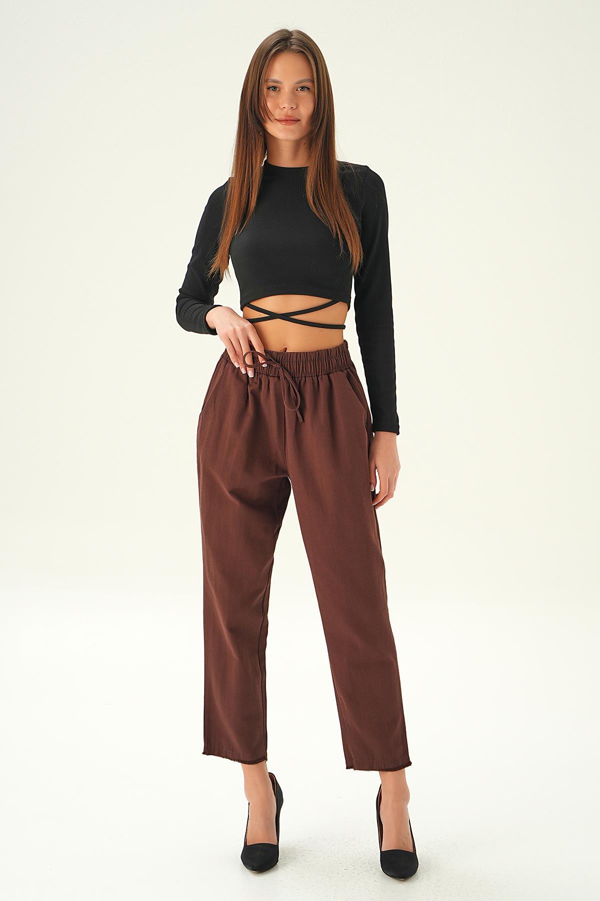 Kahve Bel Bağcıklı Paça Püskül Pantolon 6521A - 2