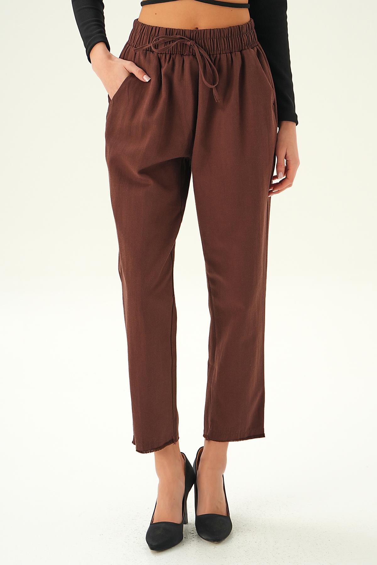 Kahve Bel Bağcıklı Paça Püskül Pantolon 6521A - 3
