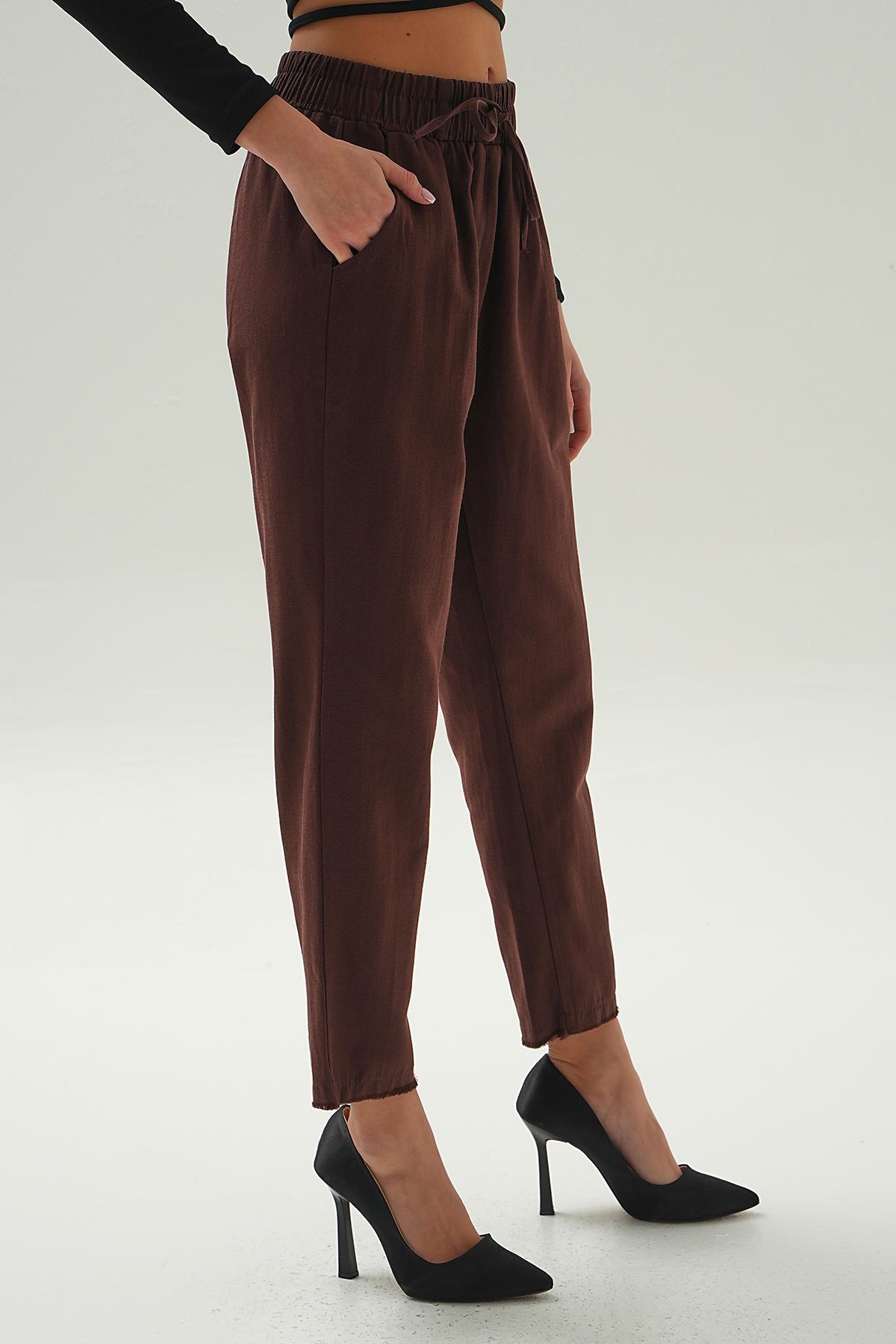 Kahve Bel Bağcıklı Paça Püskül Pantolon 6521A - 4