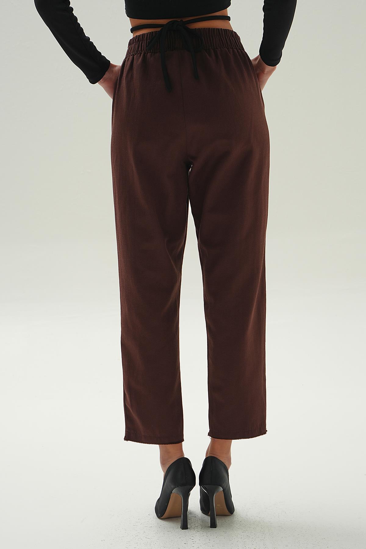 Kahve Bel Bağcıklı Paça Püskül Pantolon 6521A - 5