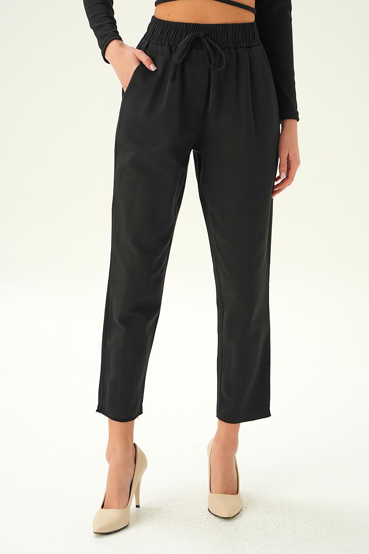 Siyah Bel Bağcıklı Paça Püskül Pantolon 6521A - 2