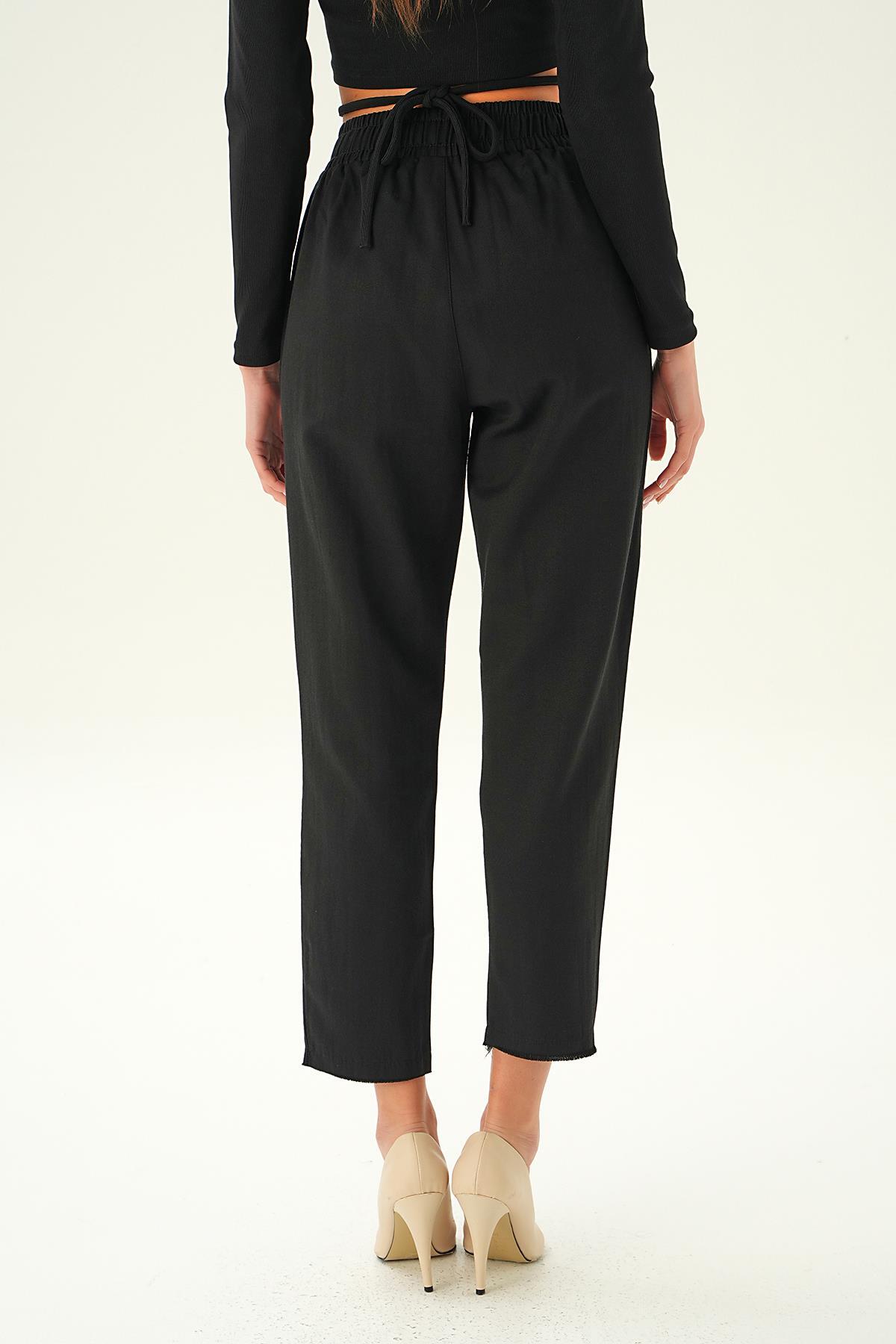 Siyah Bel Bağcıklı Paça Püskül Pantolon 6521A - 4