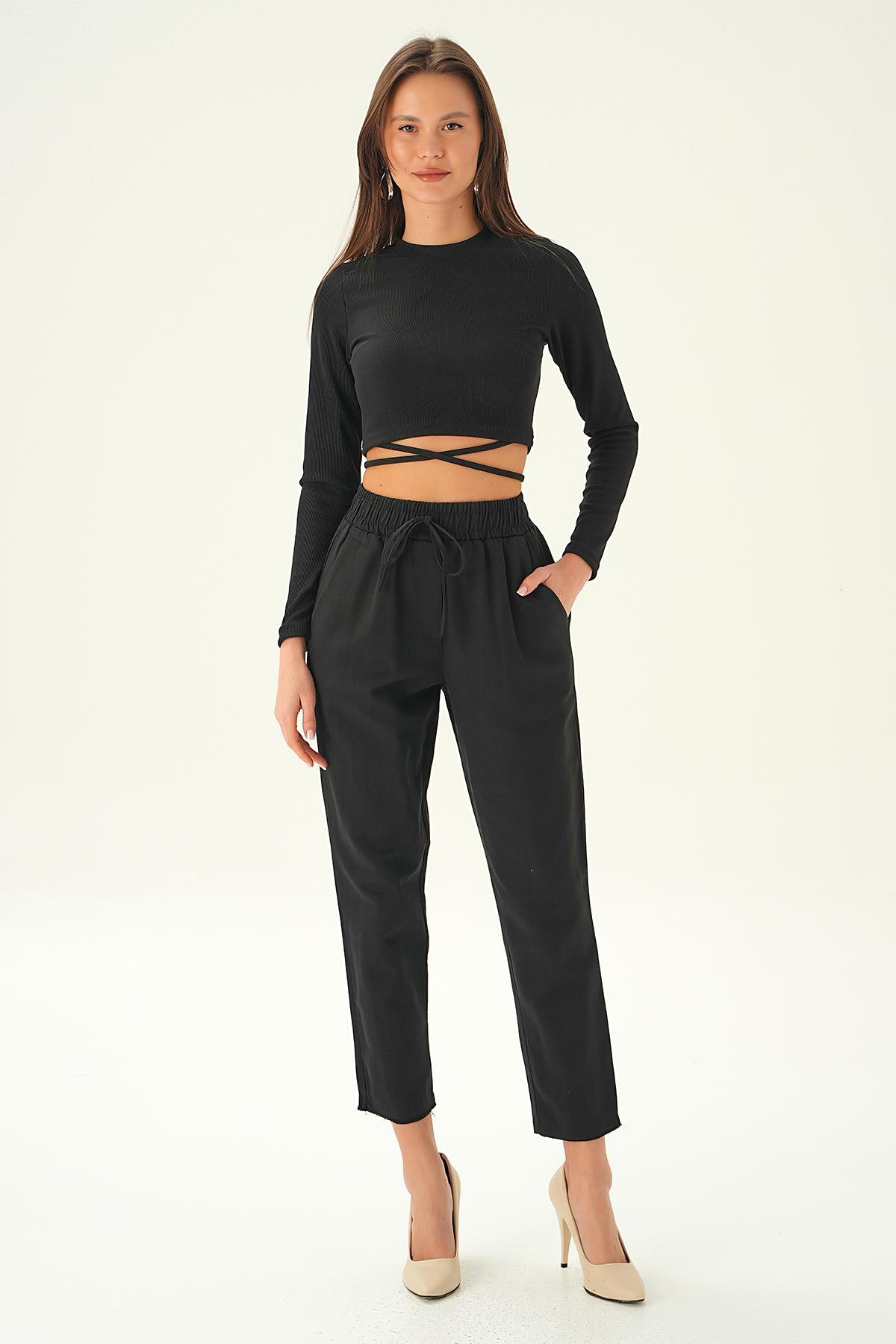 Siyah Bel Bağcıklı Paça Püskül Pantolon 6521A - 6