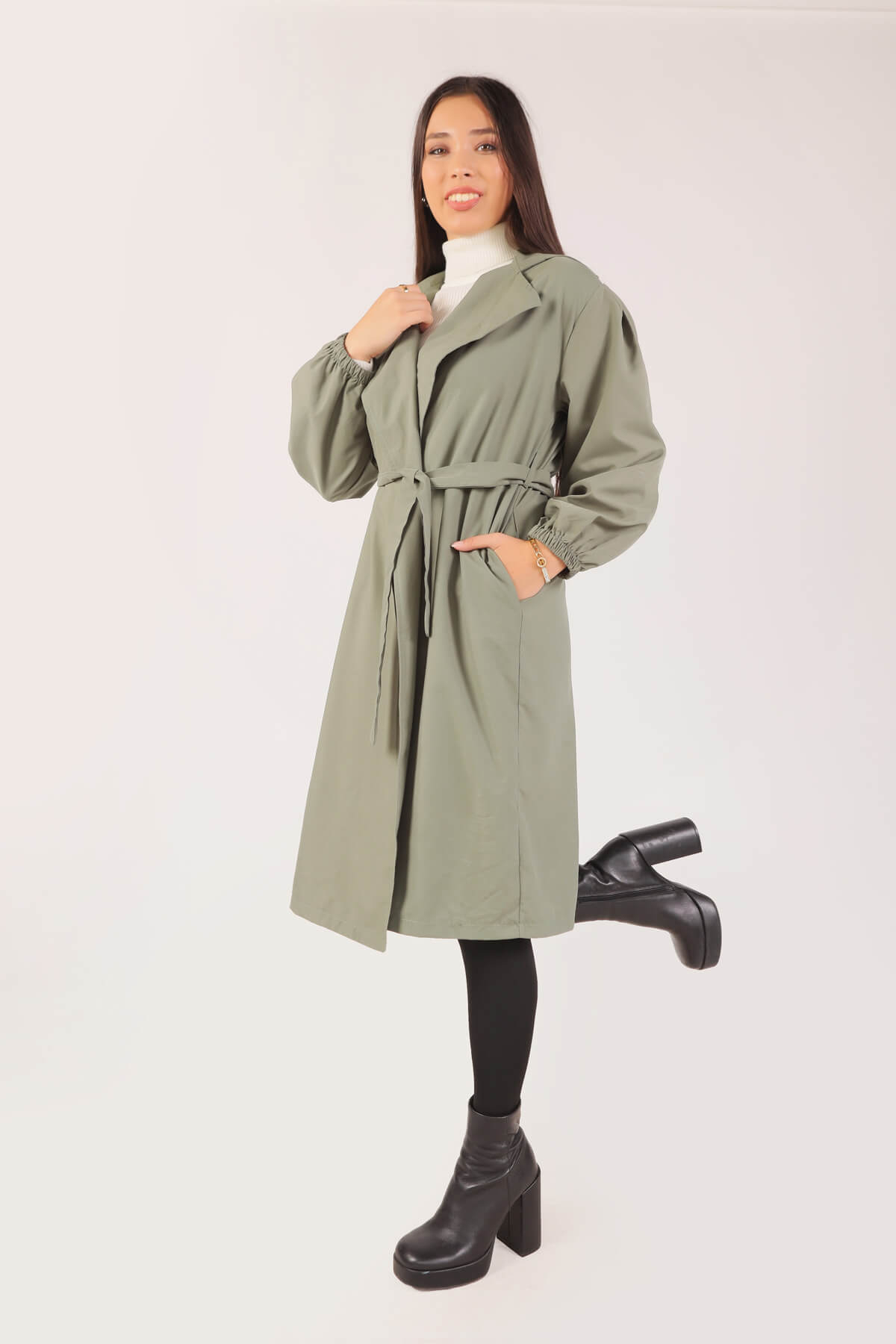 6528-1 Balon Kol Trençkot Haki - 6