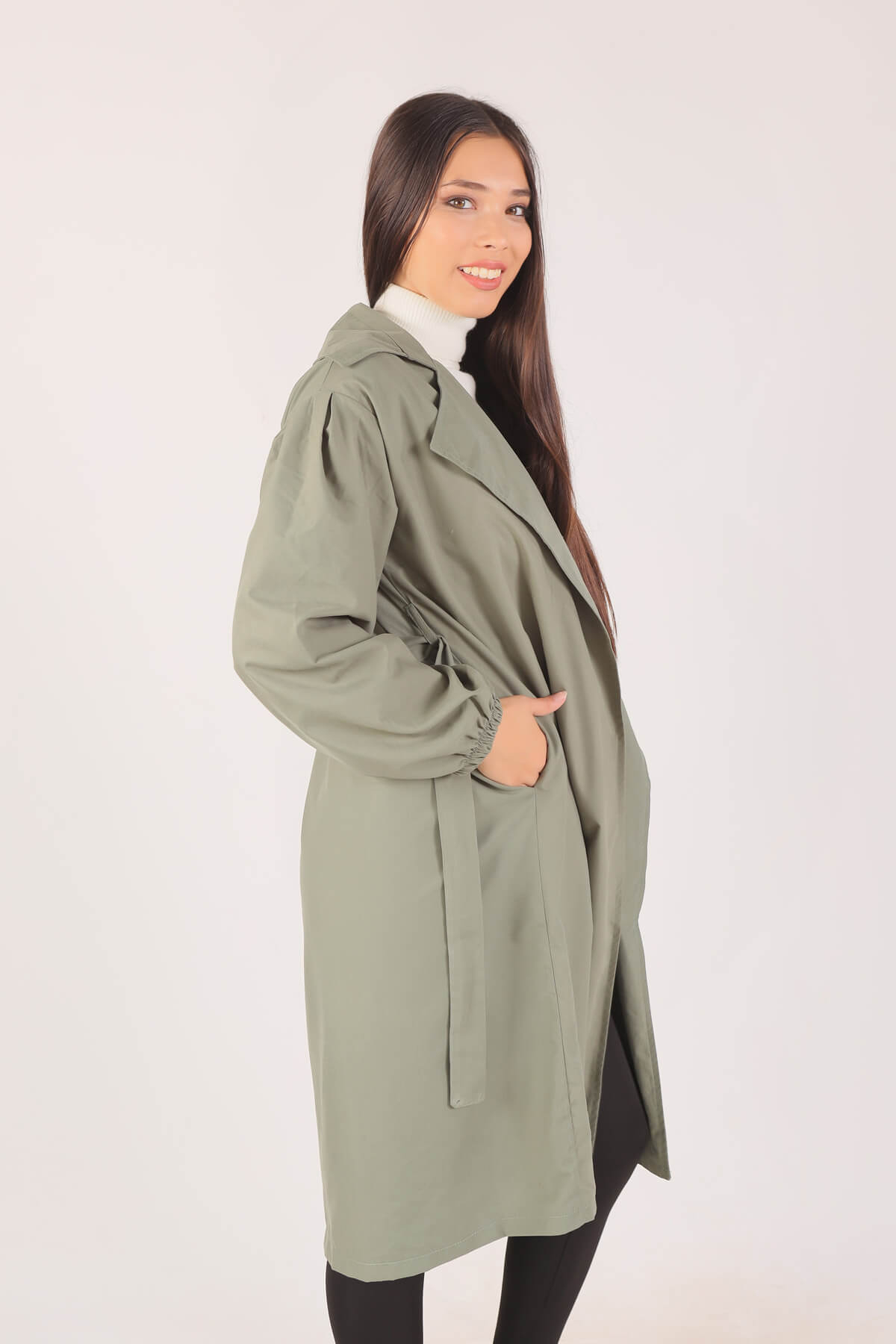 Haki Balon Kol Trençkot 6528-1 