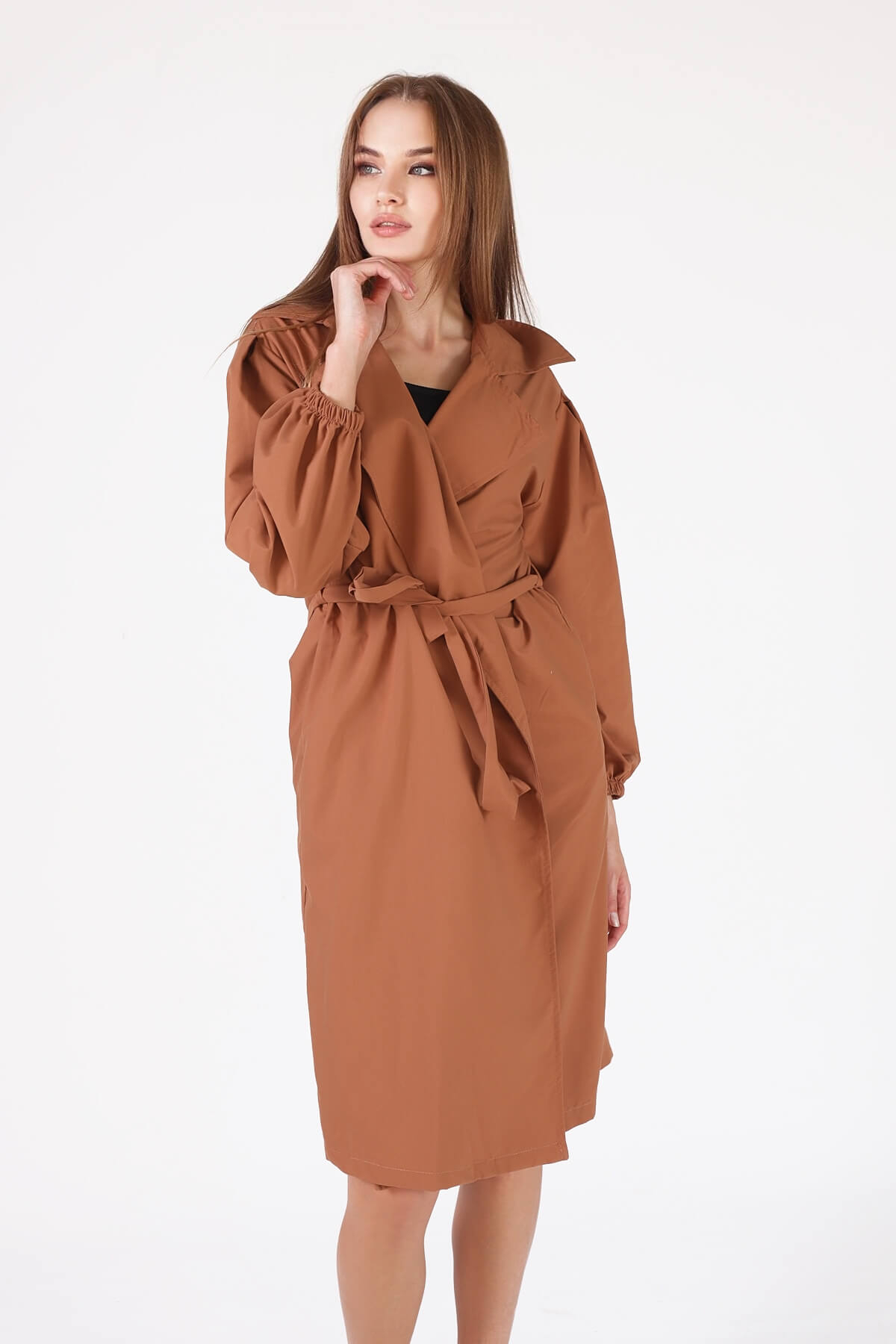 6528-1 Balon Kol Trençkot Kahve 