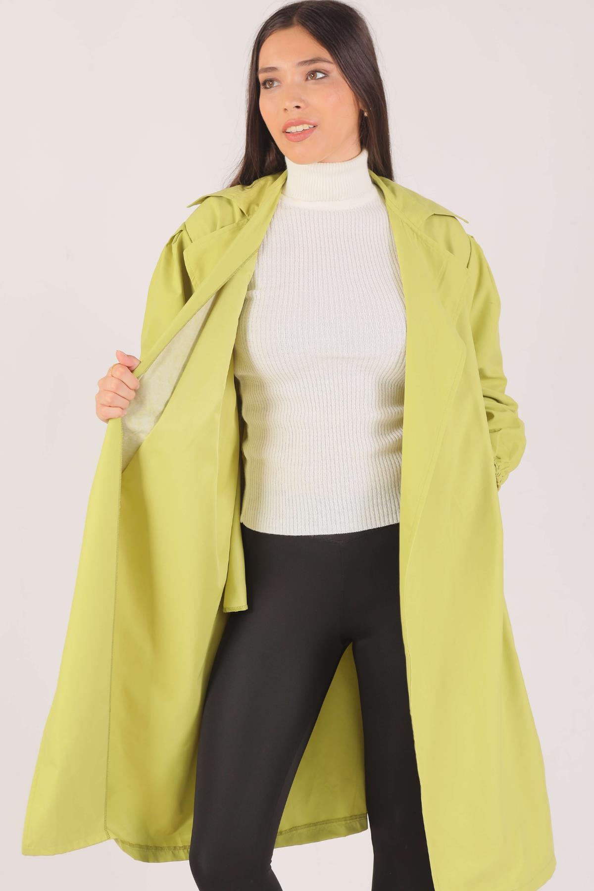 6528-1 Balon Kol Trençkot Olive Yeşili 