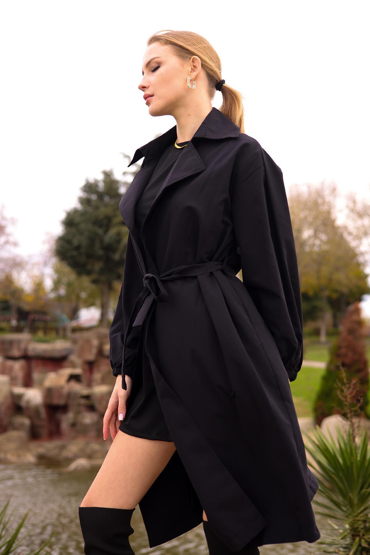 6528-1 Balon Kol Trençkot Siyah - 4