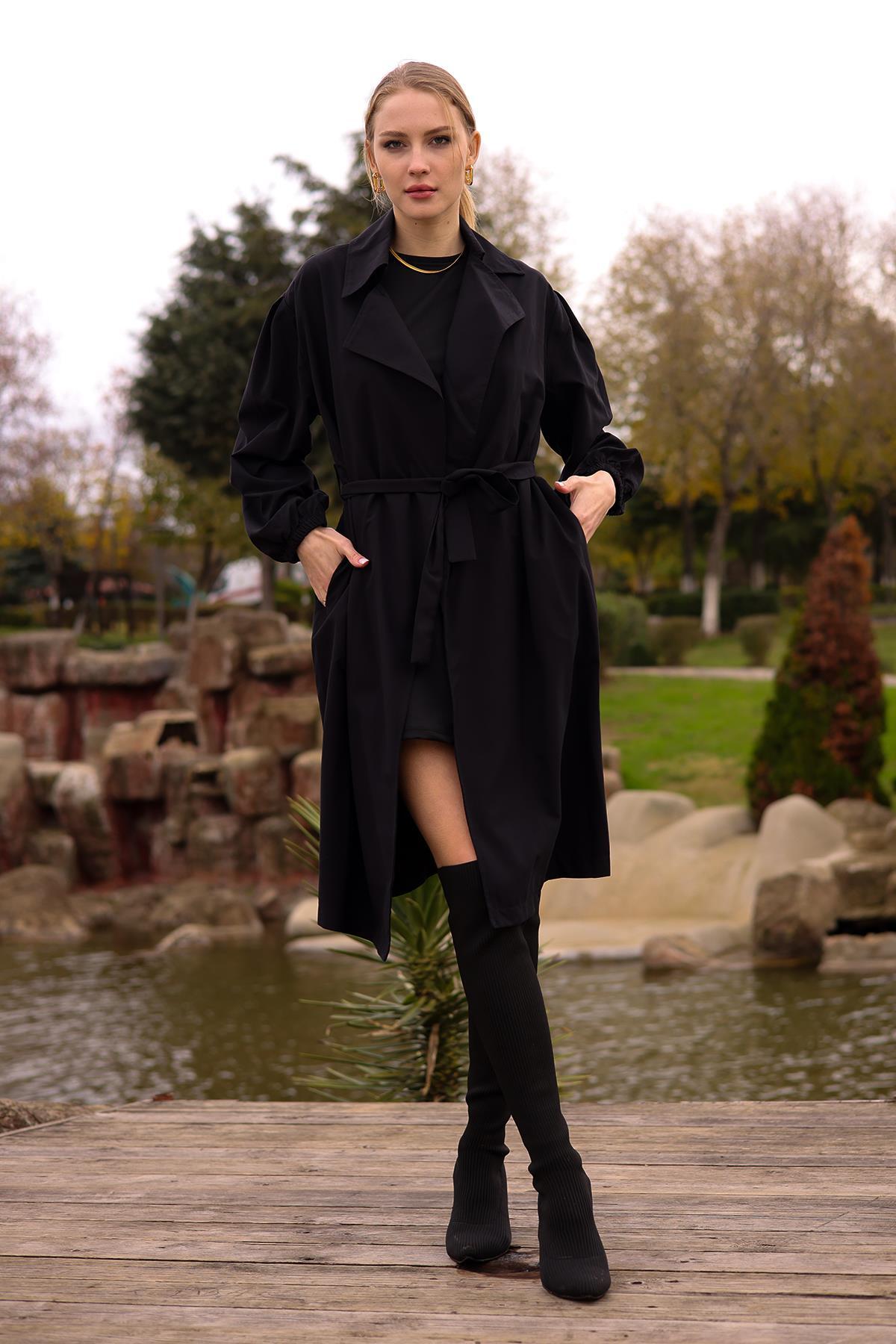 Siyah Balon Kol Trençkot 6528-1 - 1