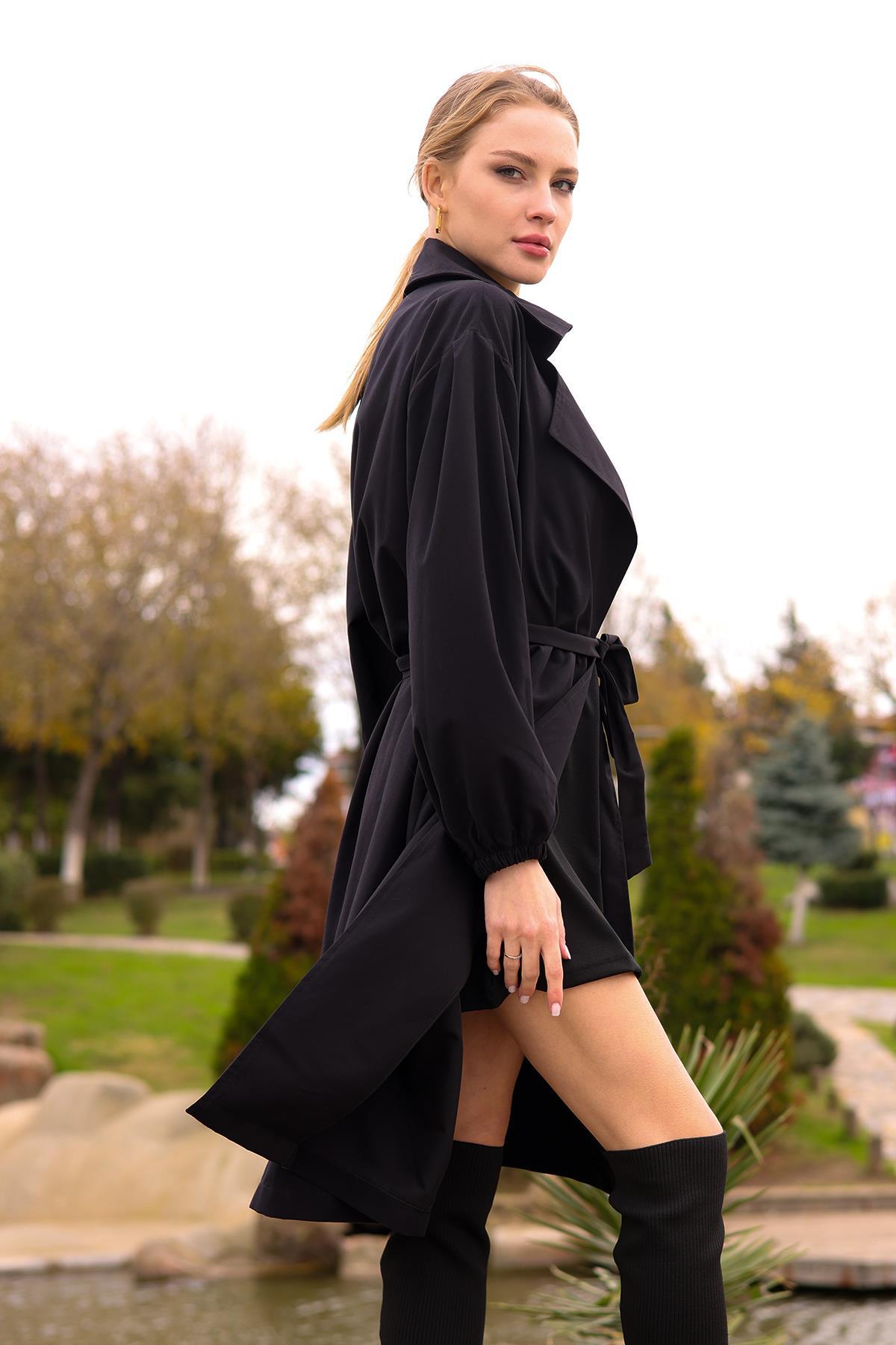 Siyah Balon Kol Trençkot 6528-1 - 2