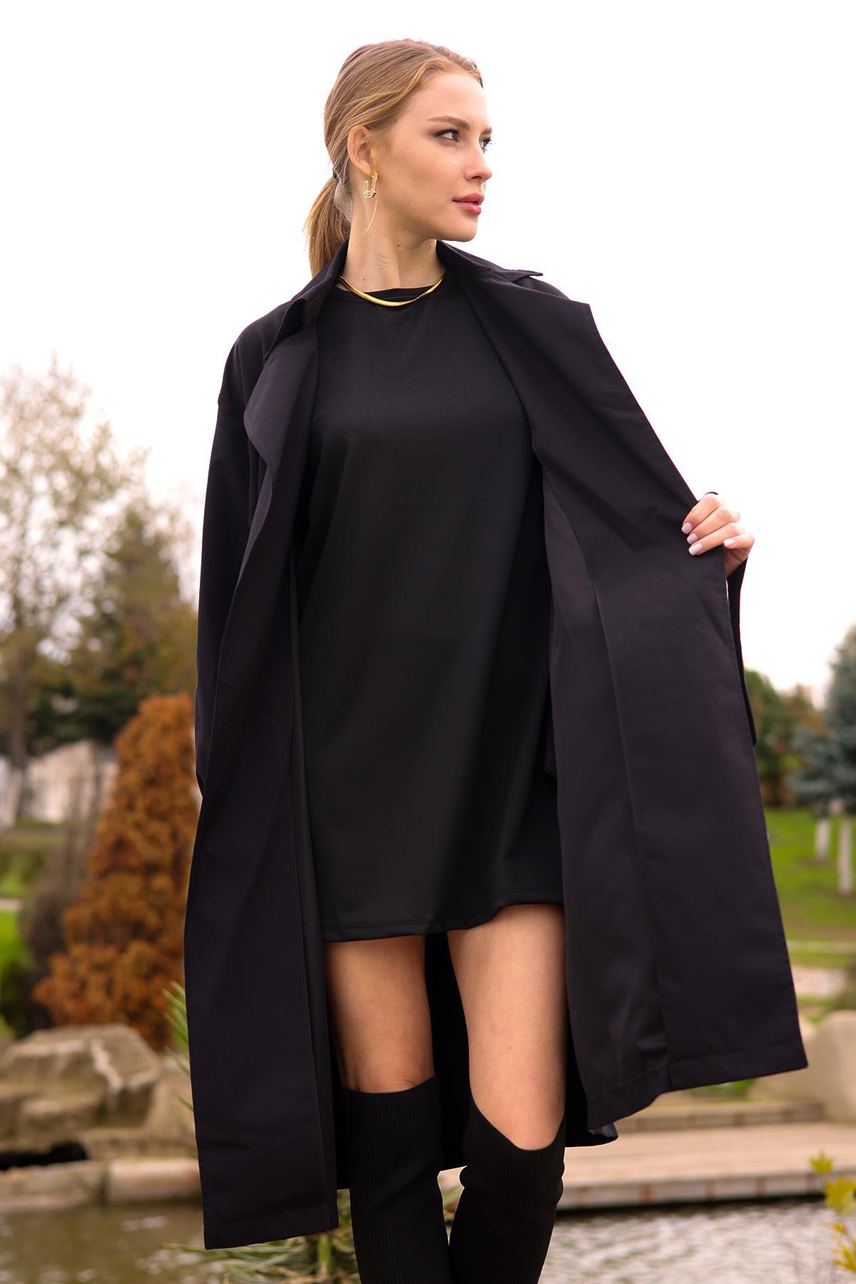 Siyah Balon Kol Trençkot 6528-1 - 5