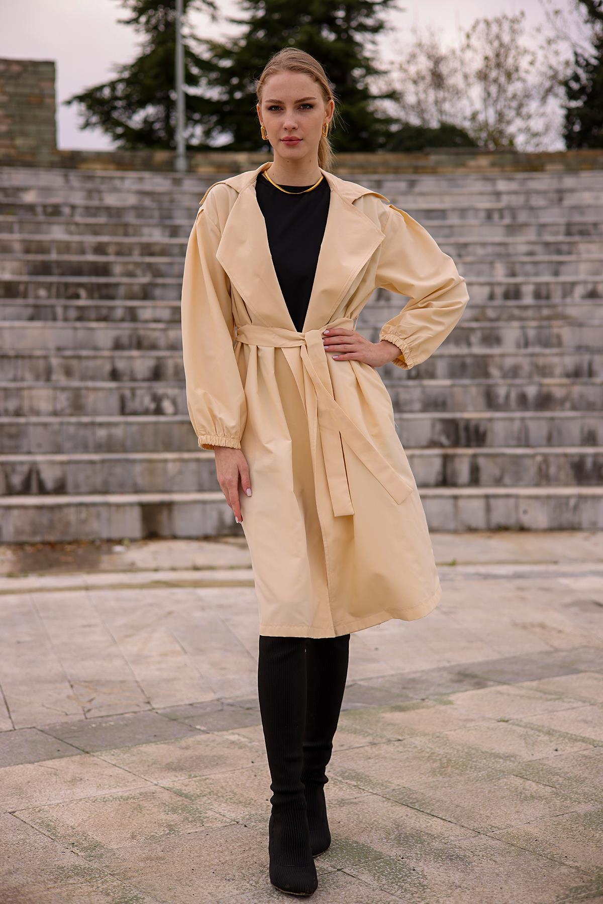 6528-1 Balon Kol Trençkot Taş 