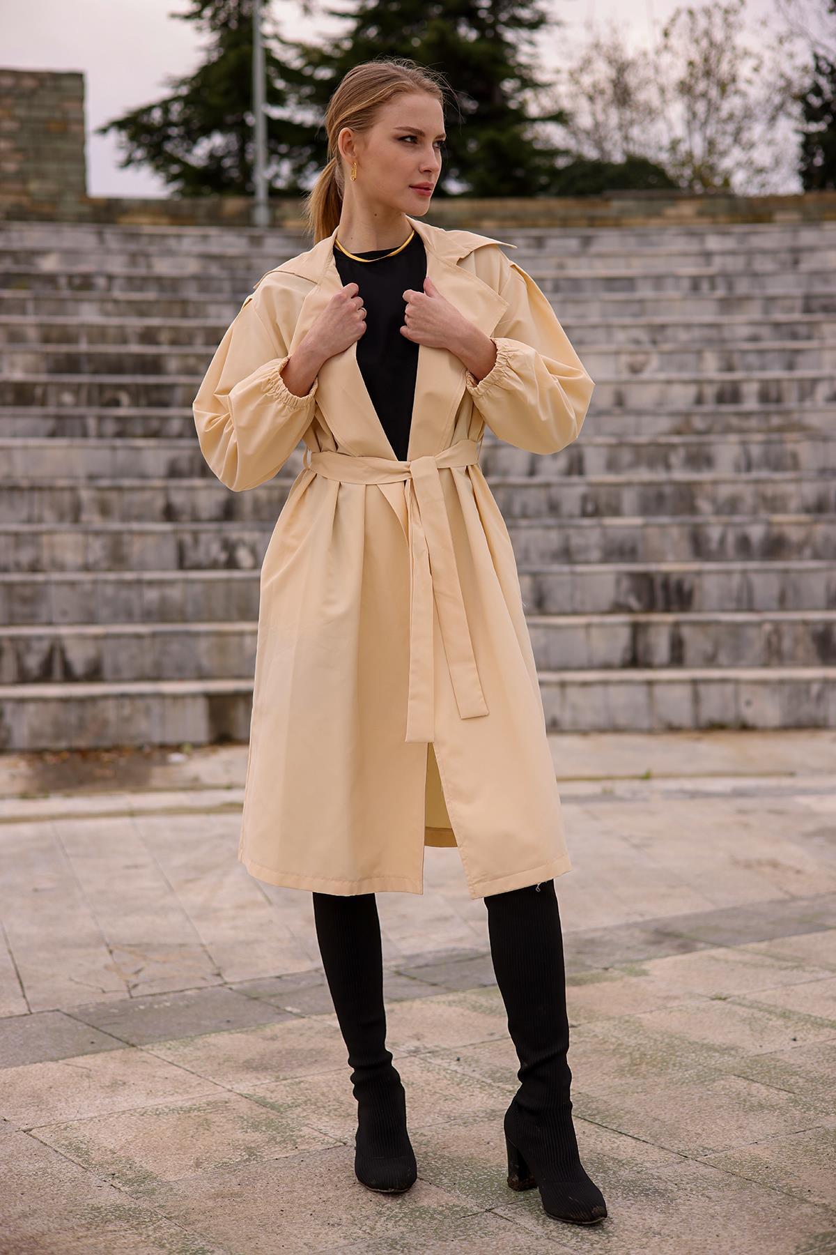 6528-1 Balon Kol Trençkot Taş - 2