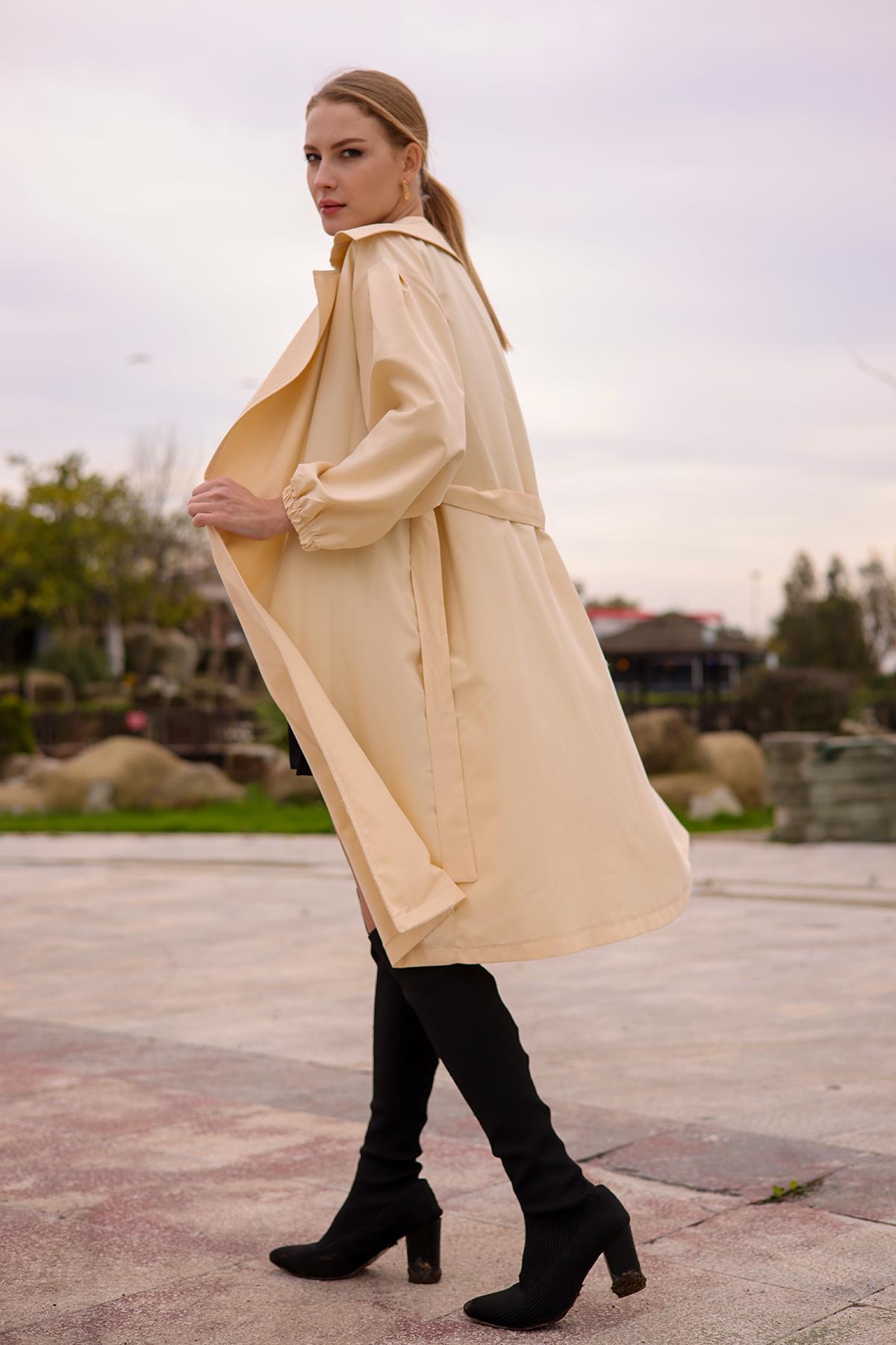 6528-1 Balon Kol Trençkot Taş - 5