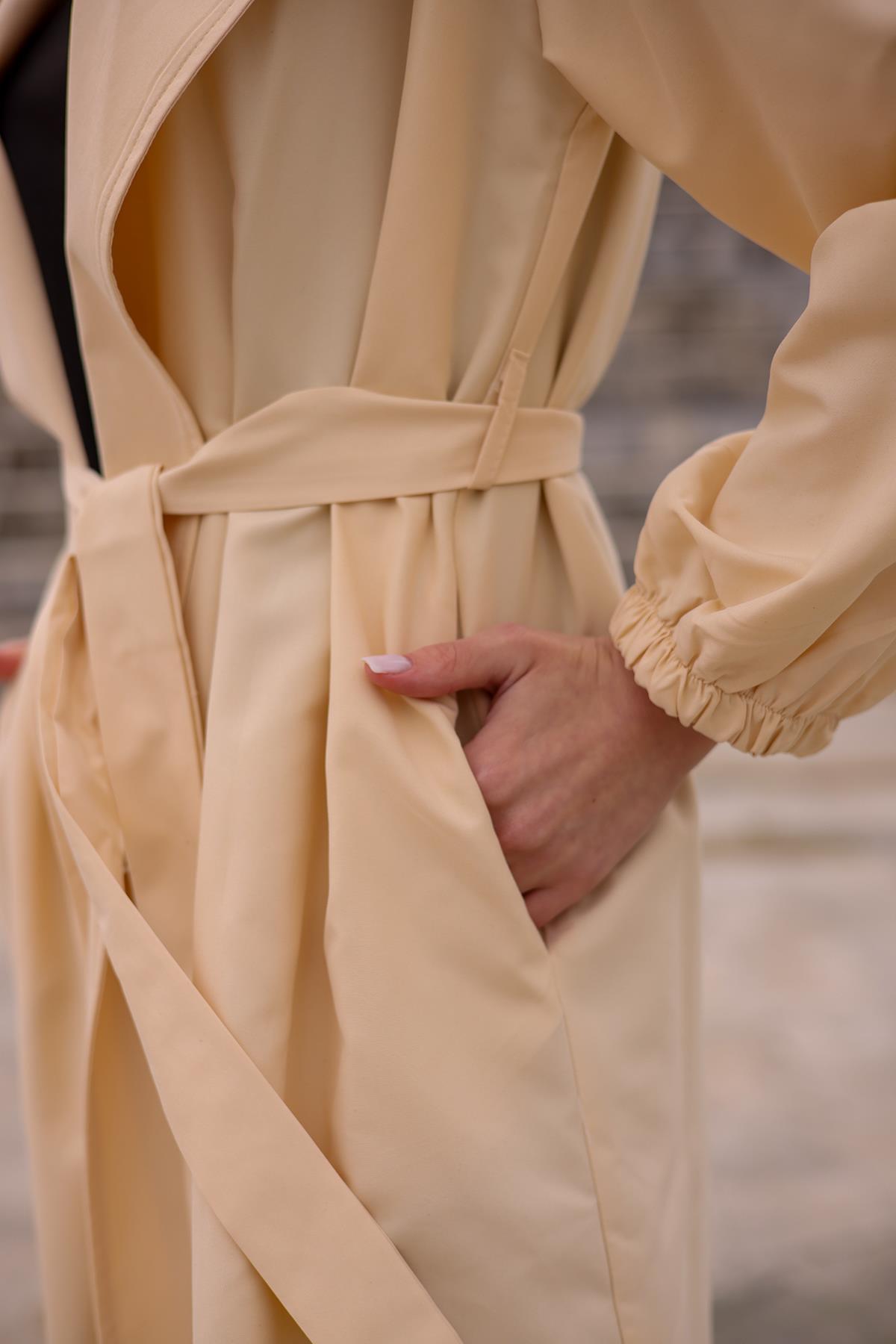 6528-1 Balon Kol Trençkot Taş - 3