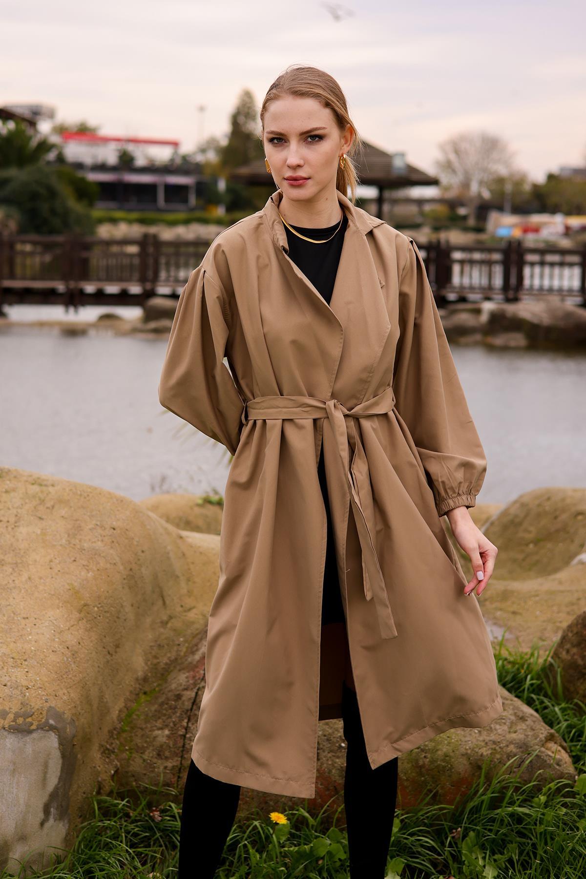 6528-1 Balon Kol Trençkot Vizon - 2