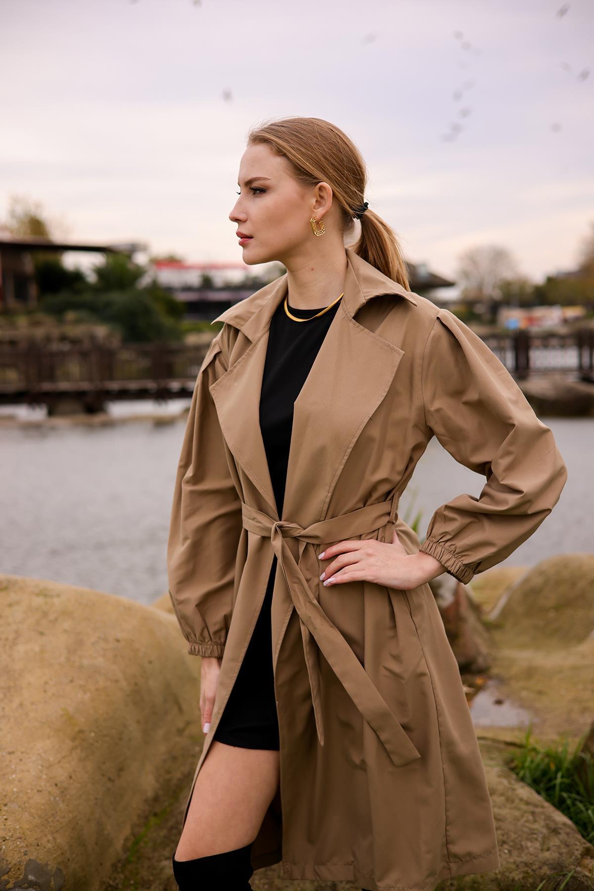 6528-1 Balon Kol Trençkot Vizon - 4