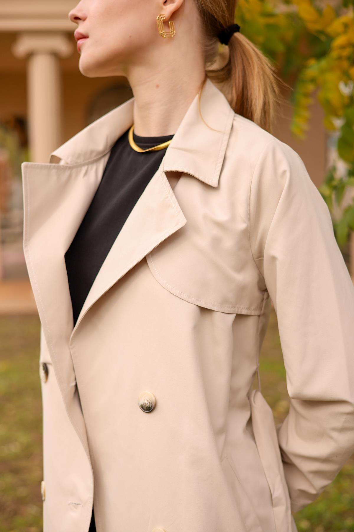 6531-1 Parçalı Düğmeli Trençkot Bej - 6