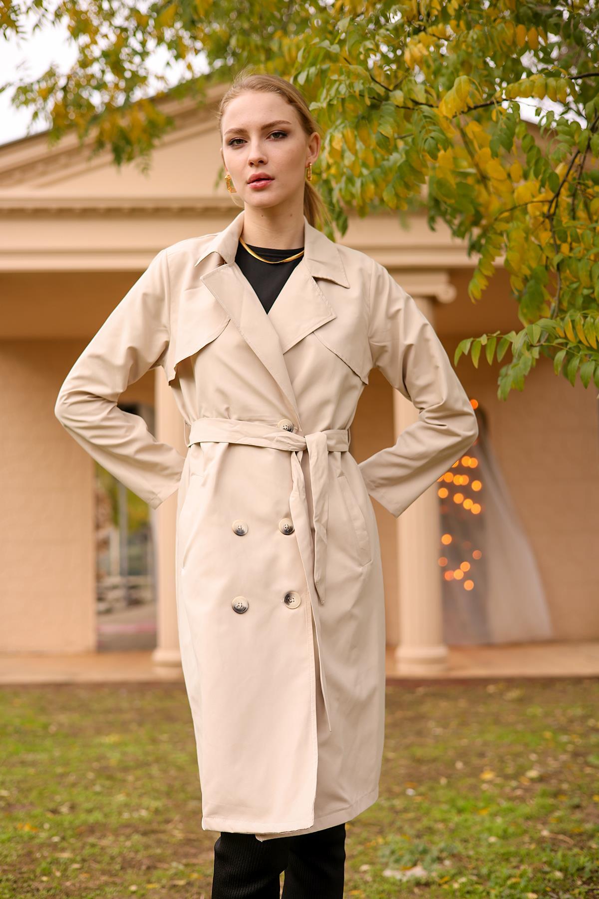 Bej Parçalı Düğmeli Trençkot 6531-1 - 2