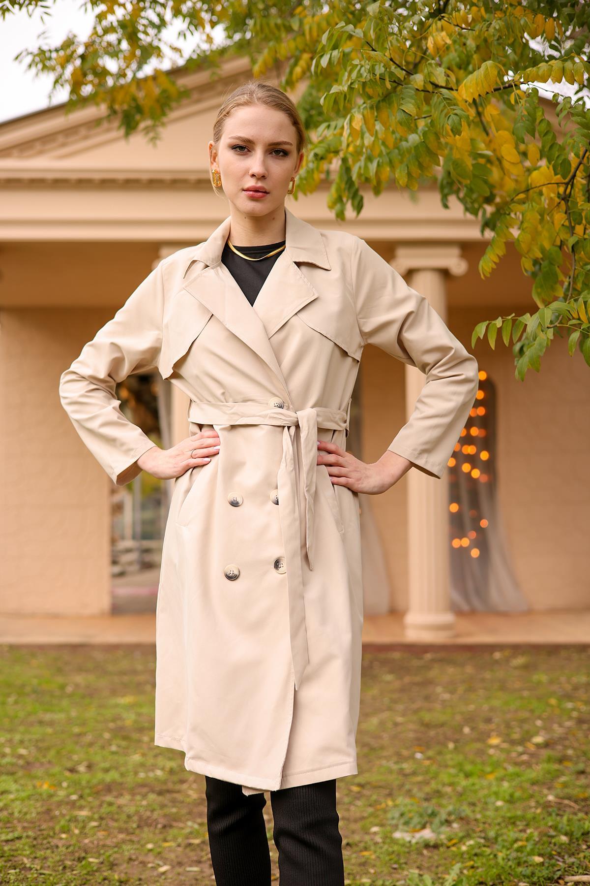 Bej Parçalı Düğmeli Trençkot 6531-1 - 3