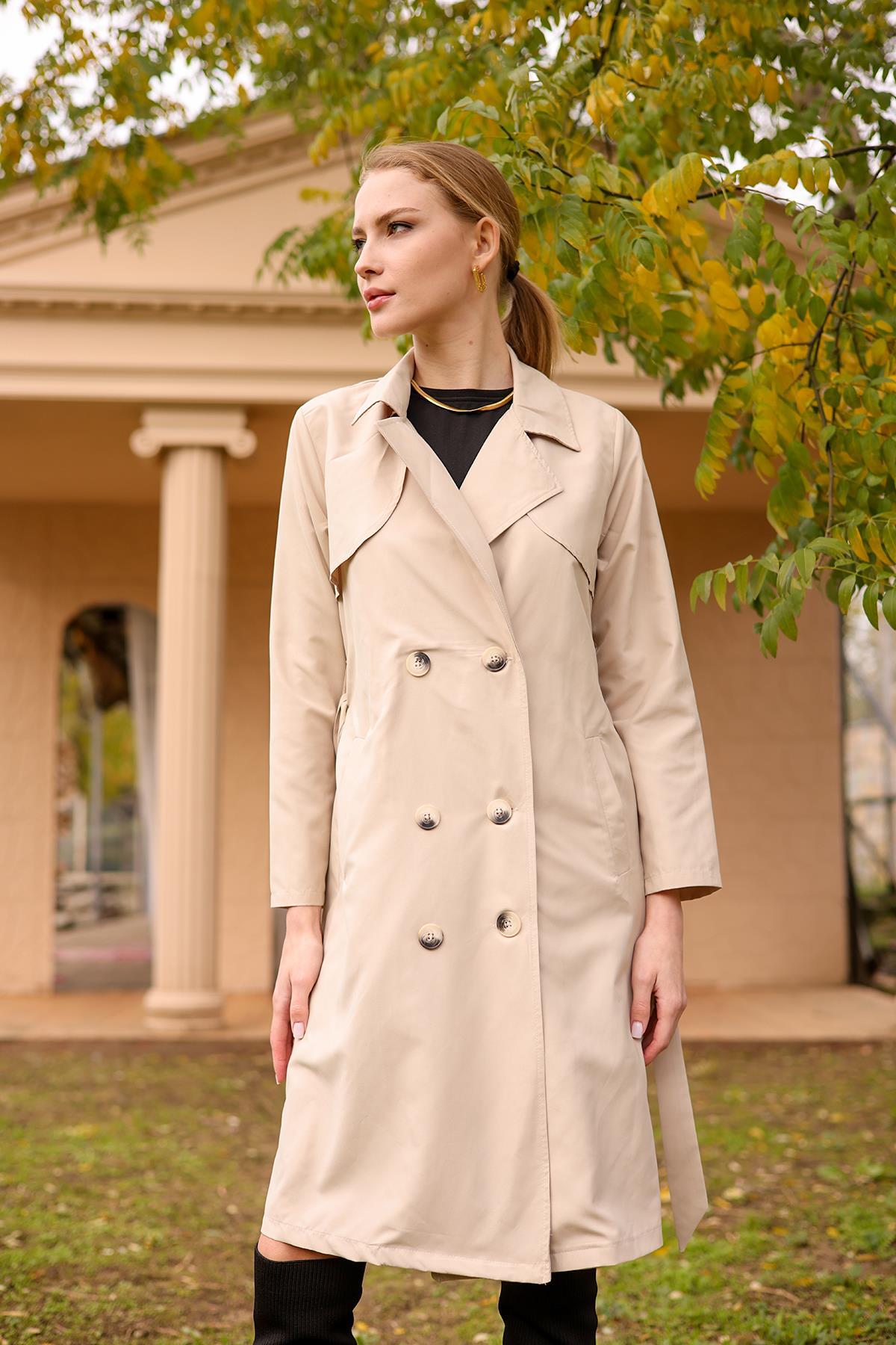 Bej Parçalı Düğmeli Trençkot 6531-1 - 4