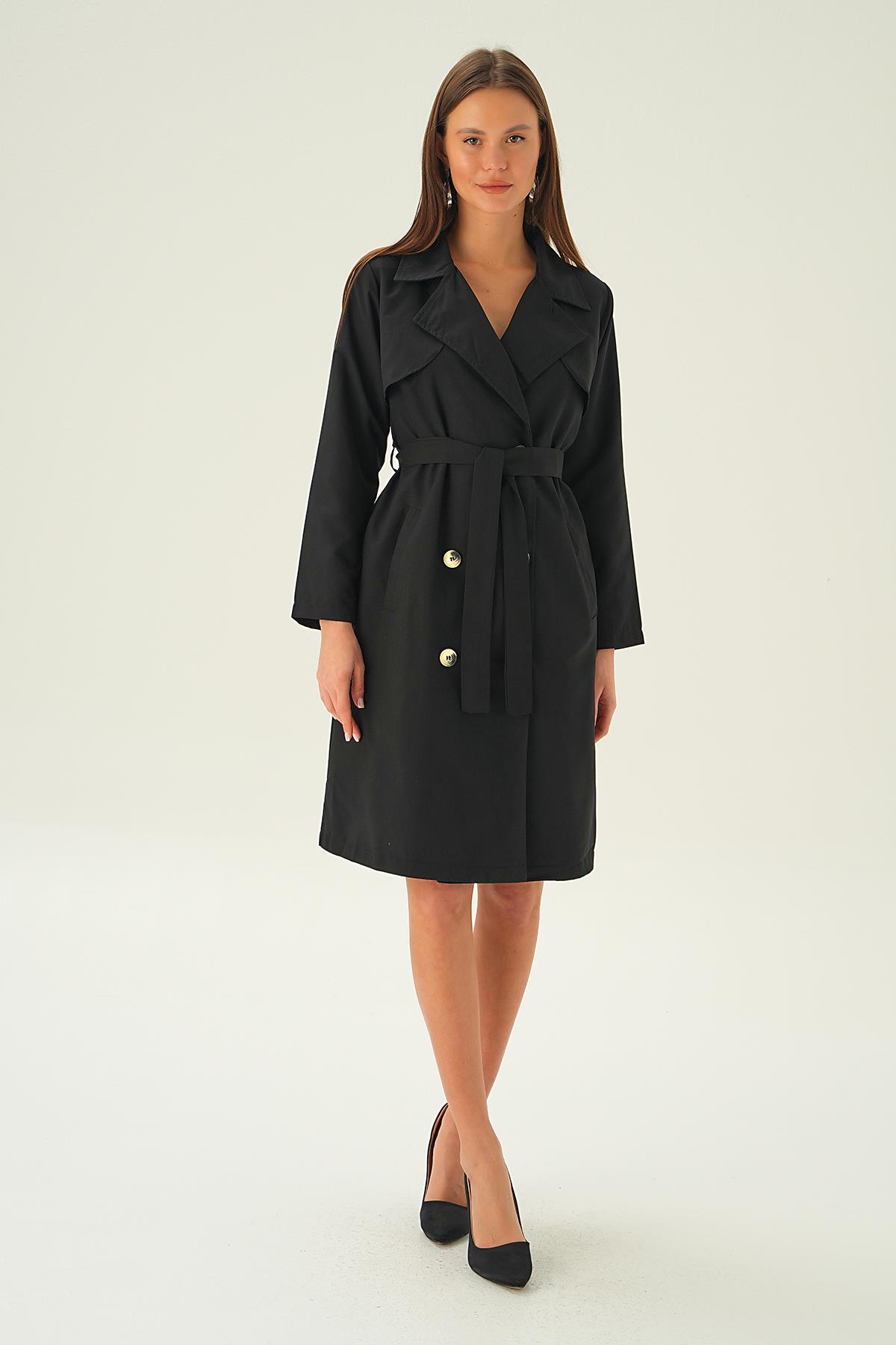 6531-1 Parçalı Düğmeli Trençkot Siyah - 1