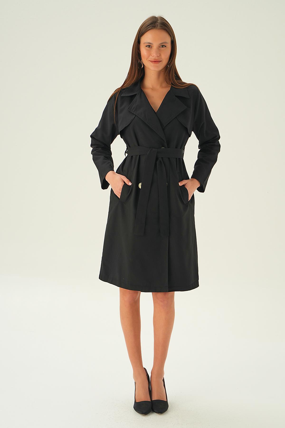 6531-1 Parçalı Düğmeli Trençkot Siyah - 2