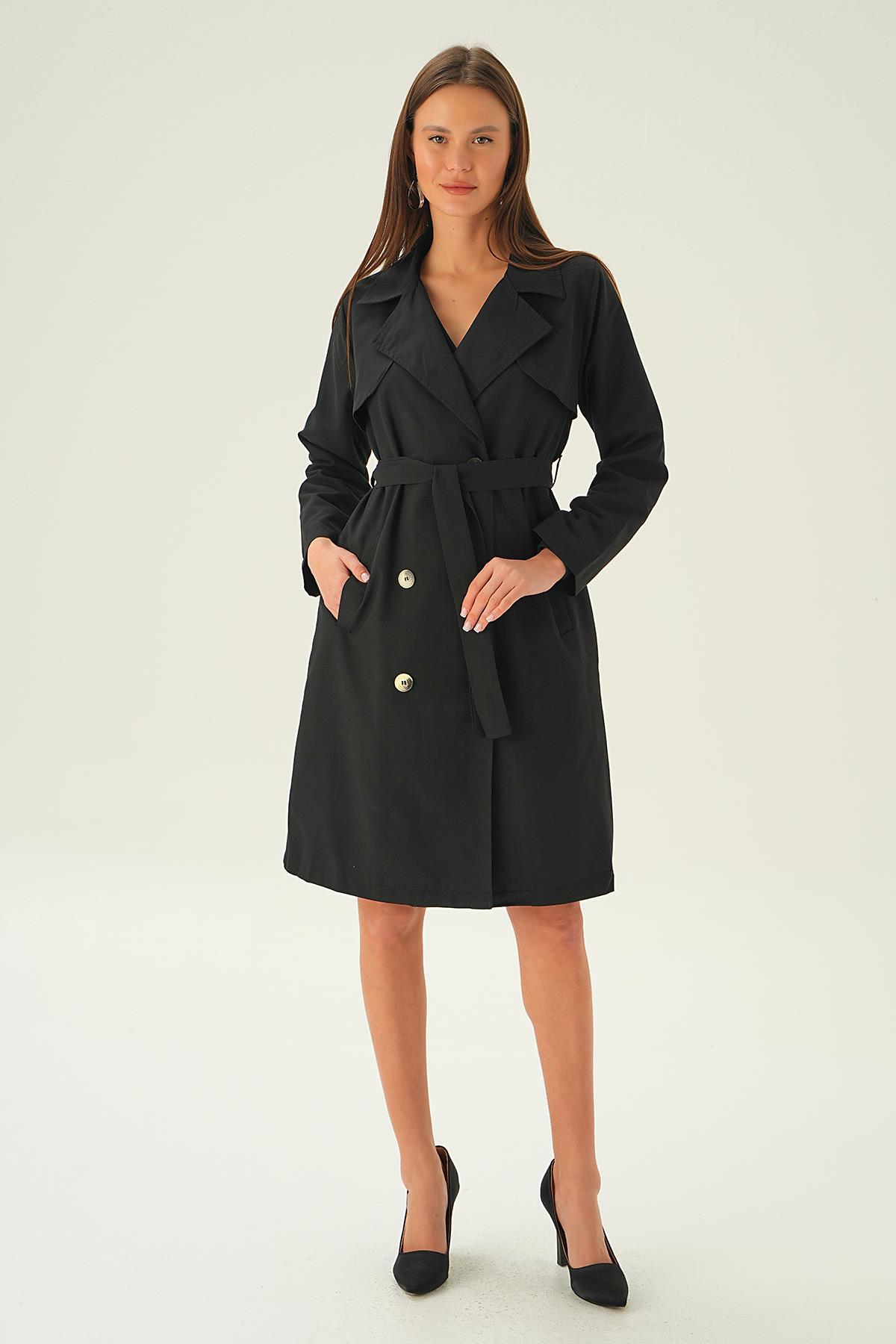 6531-1 Parçalı Düğmeli Trençkot Siyah - 4