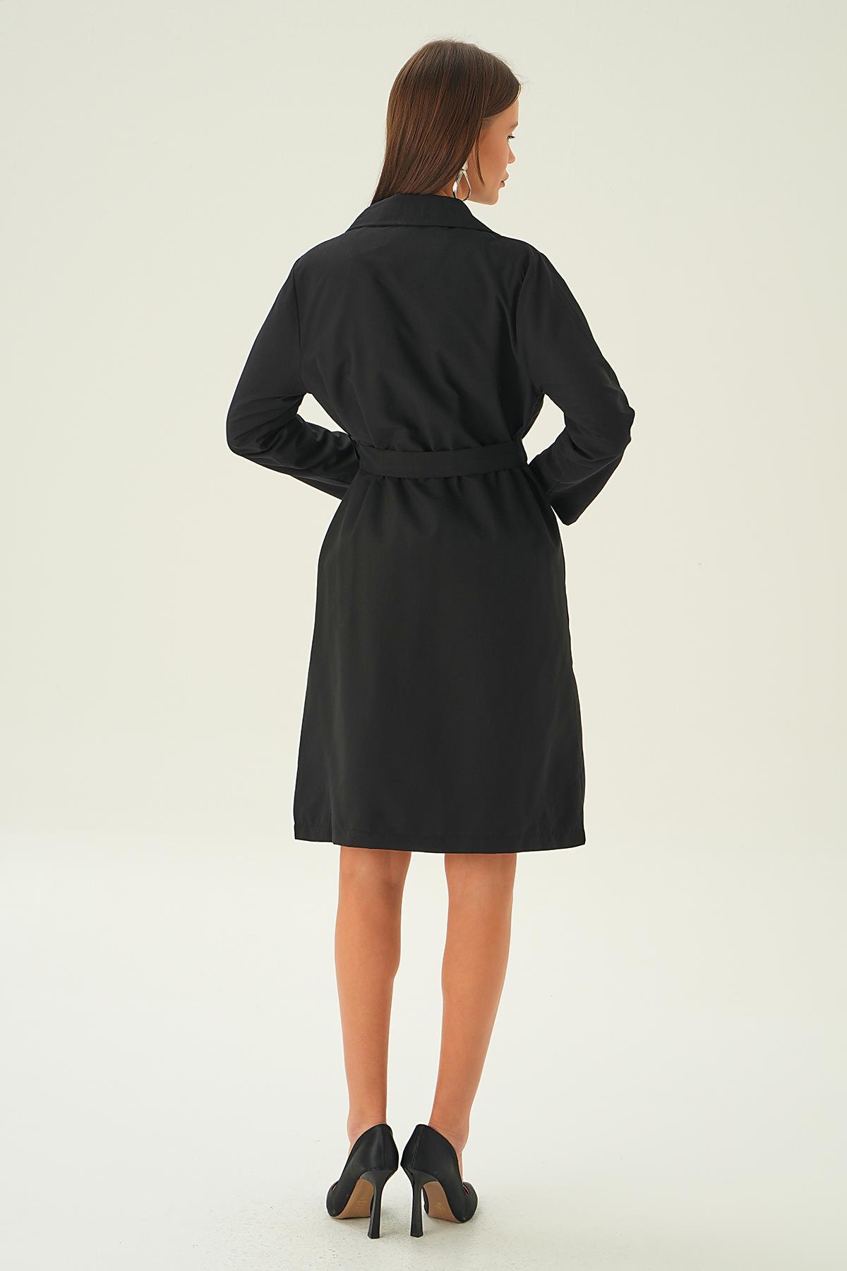 6531-1 Parçalı Düğmeli Trençkot Siyah - 5