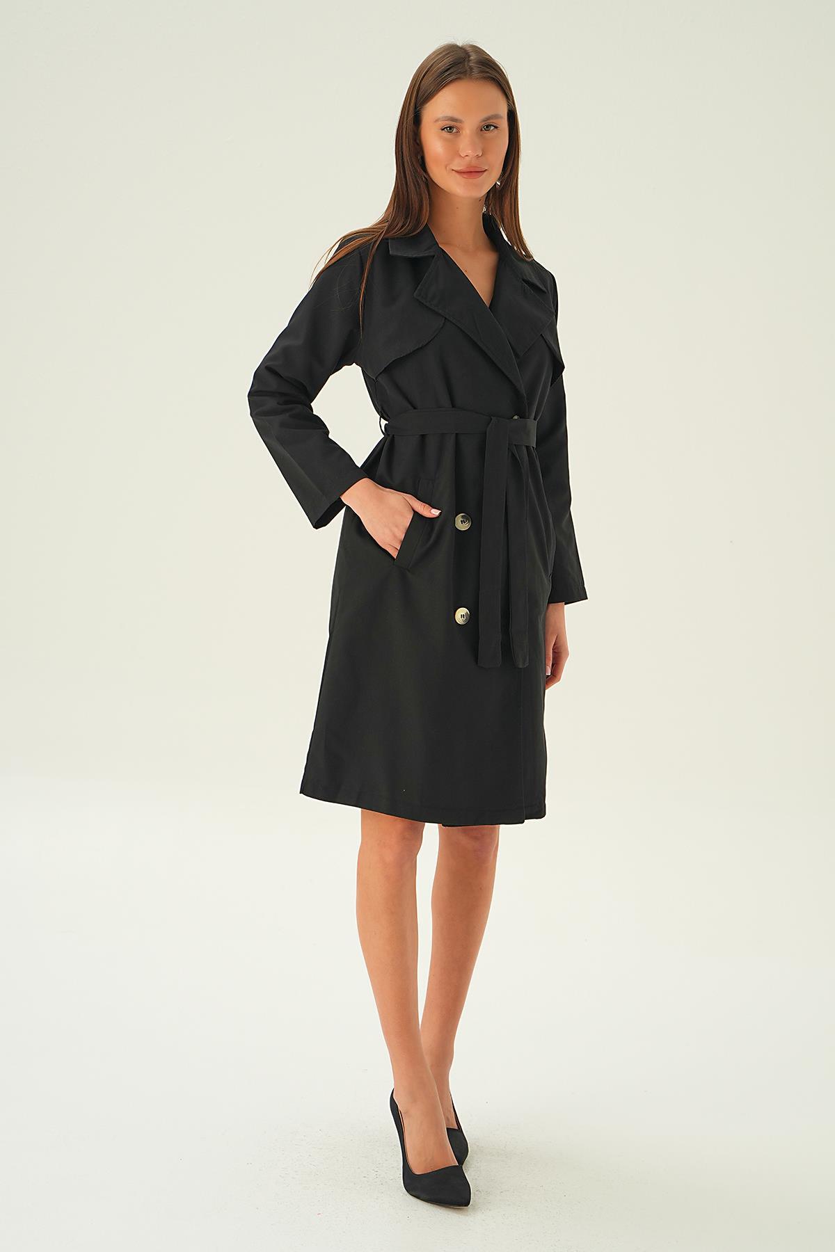 Siyah Parçalı Düğmeli Trençkot 6531-1 - 3