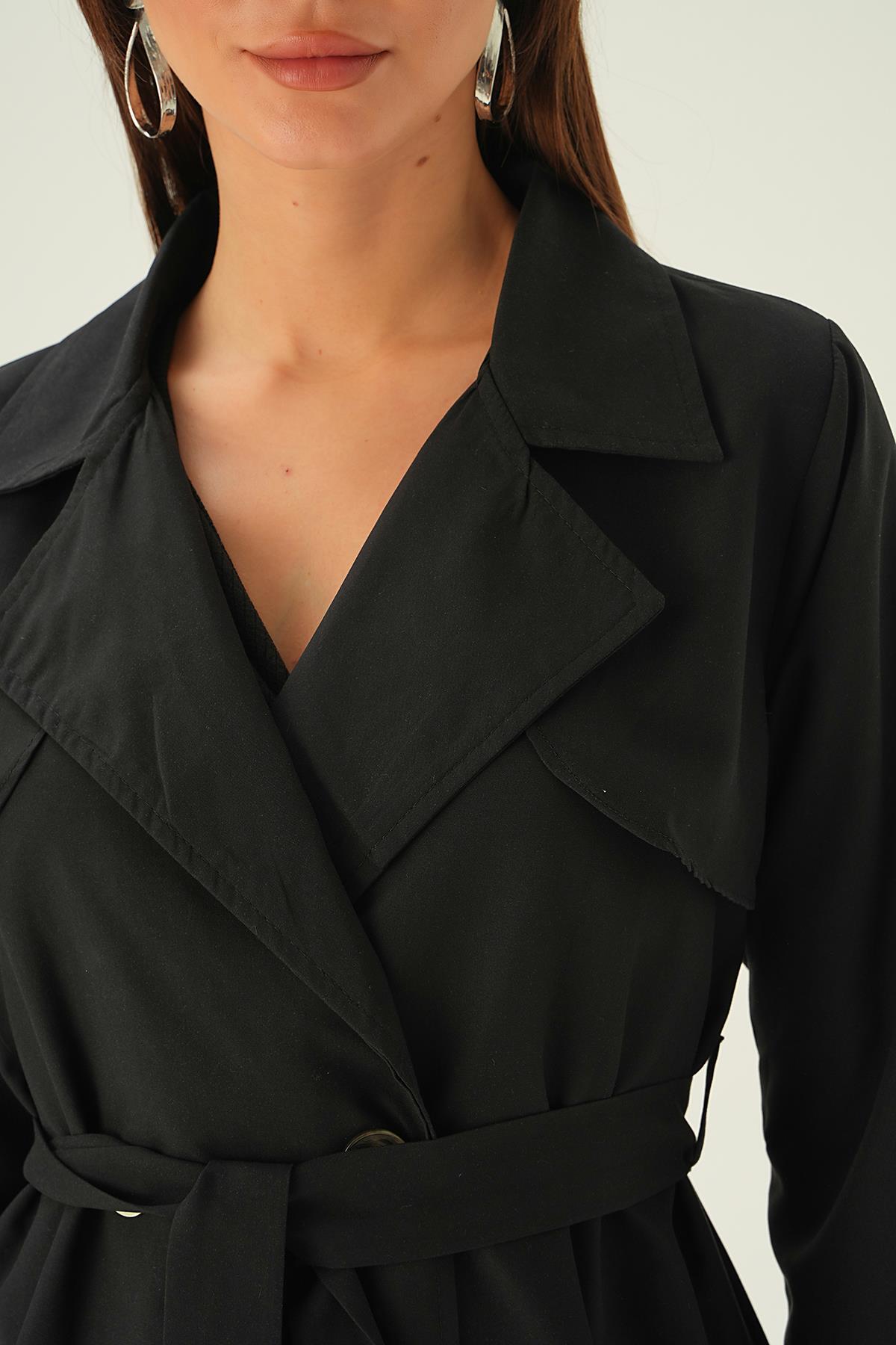 Siyah Parçalı Düğmeli Trençkot 6531-1 - 6