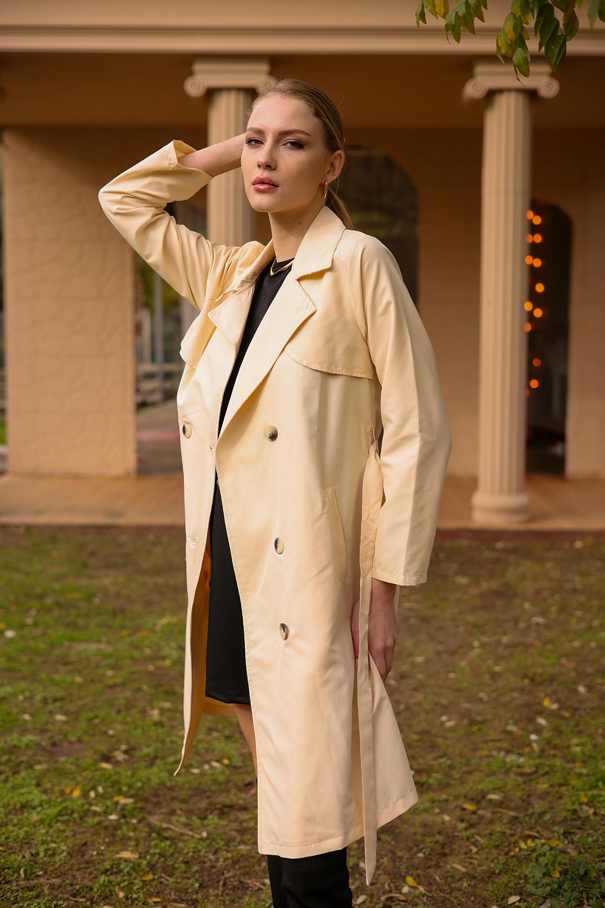 6531-1 Parçalı Düğmeli Trençkot Taş - 4