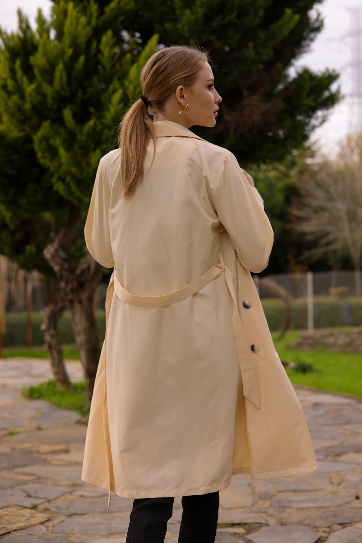 6531-1 Parçalı Düğmeli Trençkot Taş - 7