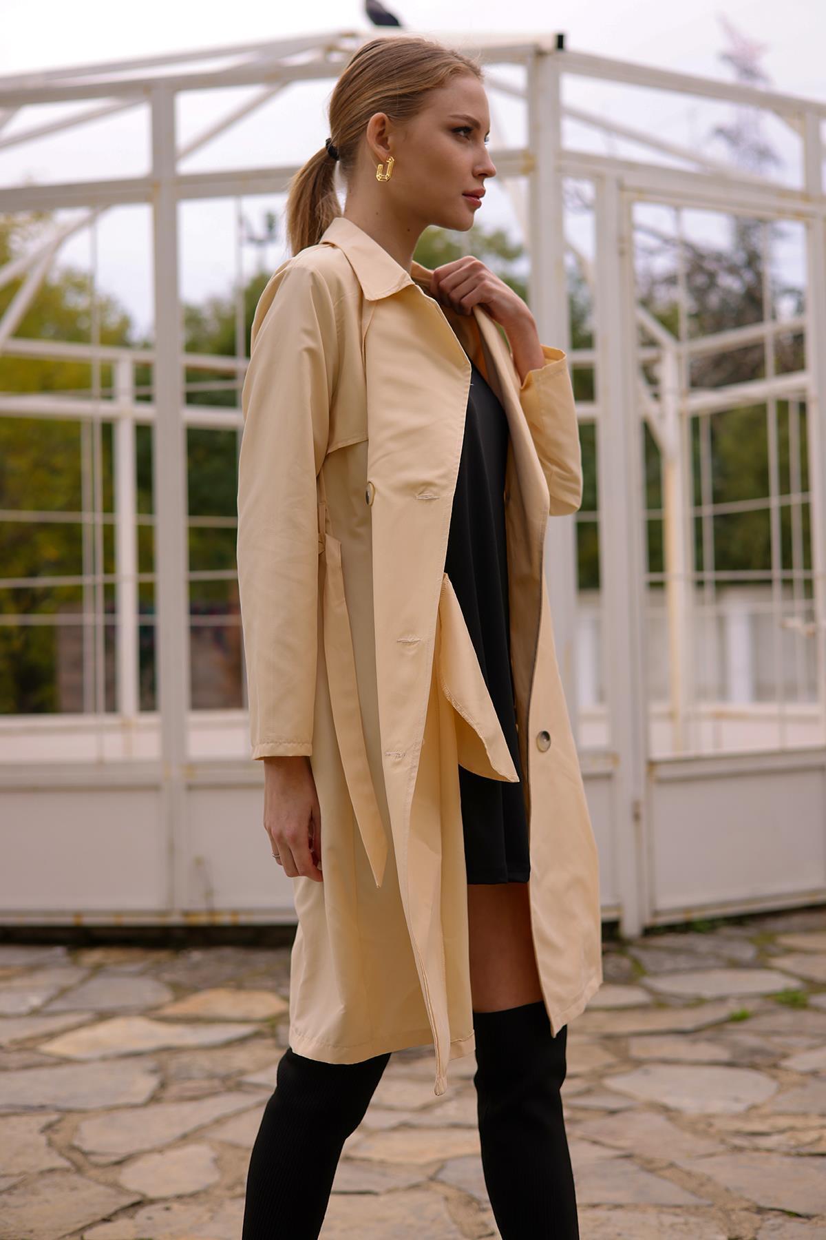 6531-1 Parçalı Düğmeli Trençkot Taş - 8