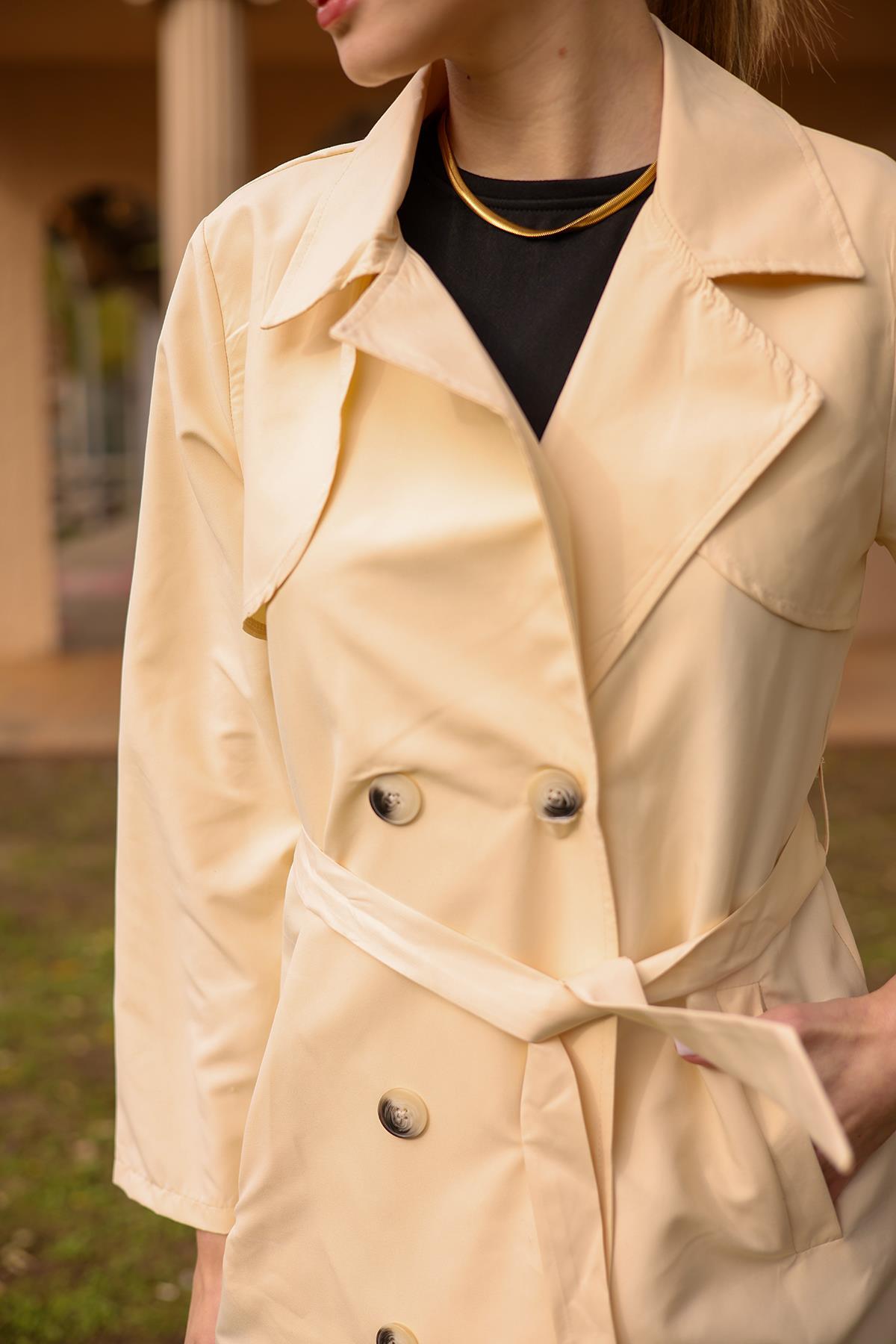 6531-1 Parçalı Düğmeli Trençkot Taş - 2