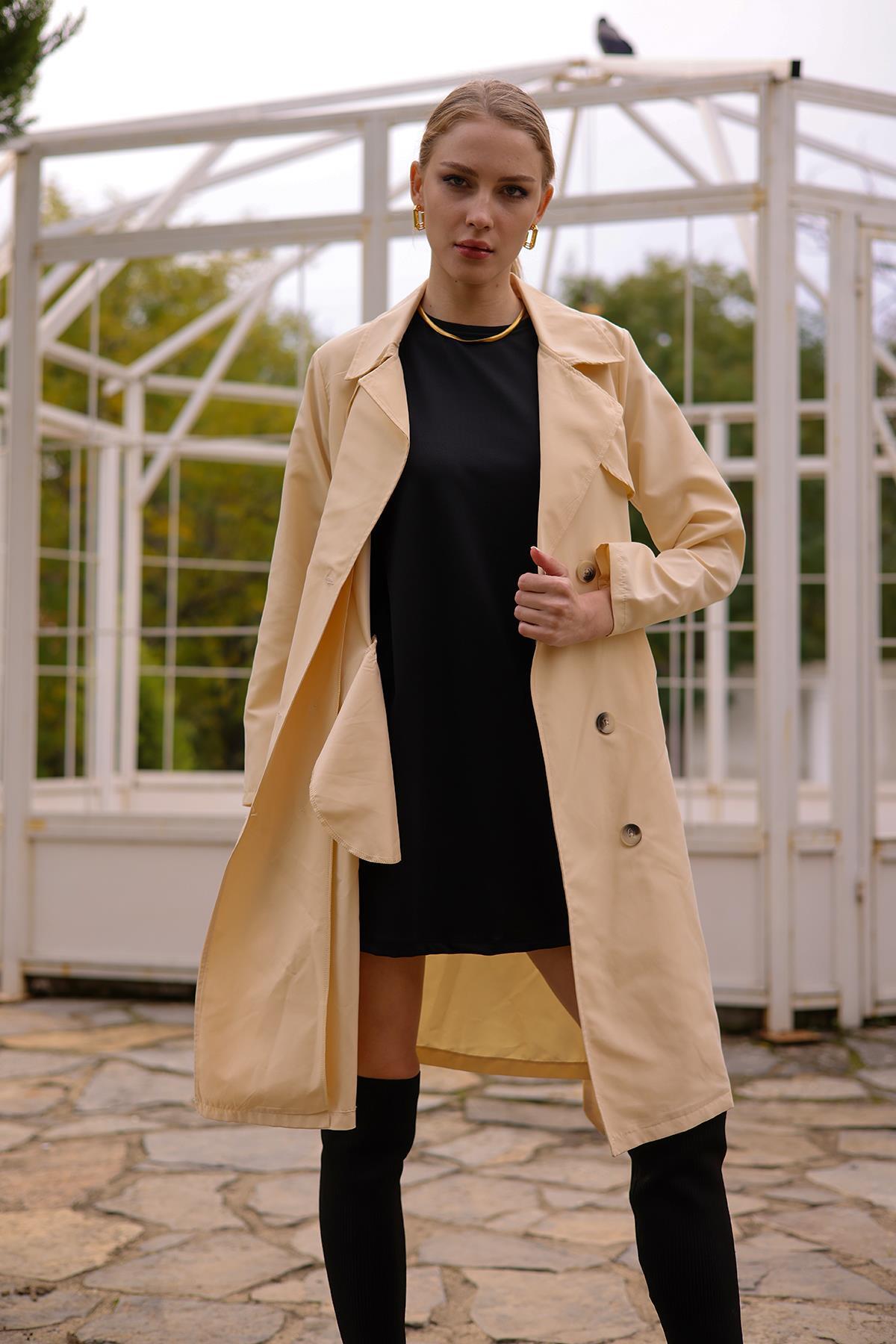 6531-1 Parçalı Düğmeli Trençkot Taş - 9