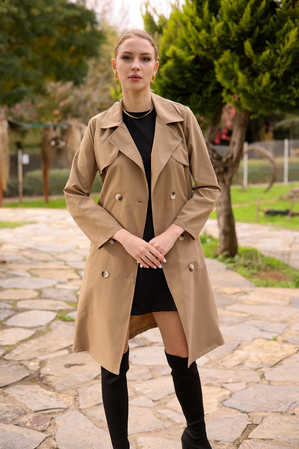 6531-1 Parçalı Düğmeli Trençkot Vizon - 4